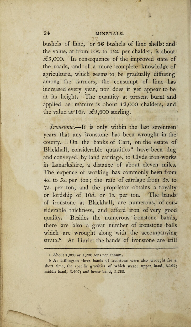 . -a I i 24 MINERALS. bushels of lime, or 1-6 bushels of lime shells: and the value, at from 105. to 125. per chalder, is about ^5,000. In consequence of the improved state of the roads, and of a more complete knowledge of agriculture, which seems to be gradually diffusing among the farmers, the consumpt of lime has increased every year, nor does it yet appear to be at its height. The quantity at present burnt and applied as manure is about 12,000 chalders, and the value at-‘165. ^9,600 sterling. Ironstone.—A.t is only within the last seventeen years that any ironstone has been wrought in the county. On the banks of Cart, on the estate of Blackball, considerable quantities ^ have been dug and conveyed, by land carriage, to Clyde iron-works in Lanarkshire, a distance of about eleven miles. The expence of working has commonly been from 45. to 5s, per ton; the rate of carriage from 5s, to 75. per ton, and the proprietor obtains a royalty or lordship of \0d, or 15. per ton. The bands of ironstone at Blackball, are numerous, of con¬ siderable thickness, and afford iron of very good quality. Besides the numerous ironstone bands, there are also a great number of ironstone balls which are wrought along with the accompanying strata.*^ At Hurlet the bands of ironstone are still a About 1,000 or 1,200 tons per annum, b At Hillington three bands of ironstone were also wrought for a short time, the specific gravities of which were: upper band, 3.122; middle band, 3.407; and lower band, 3.280.