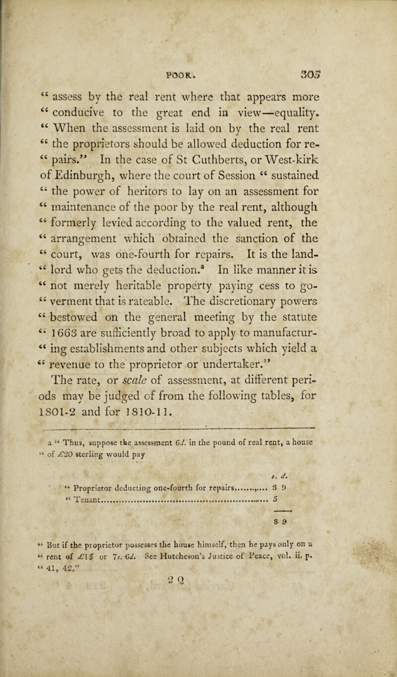 “ assess by the real rent where that appears more conducive to the great end in view—equality. When the assessment is laid on by the real rent the proprietors should be allowed deduction for re- pairs/* In the case of St Cuthberts, or West-kirk of Edinburgh, where the court of Session “ sustained the power of heritors to lay on an assessment for maintenance of the poor by the real rent, although formerly levied according to the valued rent, the “ arrangement which obtained the sanction of the “ court, was one-fourth for repairs. It is the land- lord who gets the deduction.^ In like manner it is not merely heritable property paying cess to go- “ verment that is rateable. The discretionary powers bestowed on the general meeting by the statute 1663 are sufficiently broad to apply to manufactur- ‘‘ ing establishments and other subjects which yield a revenue to the’proprietor or undertaker.’* The rate, or scale of assessment, at different peri¬ ods may be judged of from the following tables, for 180T2 and for 1810-11. a “ Thus, suppose the assessment 6J. in the pound of real rent, a house of £20 sterling would pay s. d. “ Proprietor deducting one-fourth for repairs.. 3 9 Tenant...... S 8 9 “ But if the proprietor possesses the house himself, then he pays only on a “ rent of or 7x. 6d. Sec Hutcheson’s Justice of Peace, vol. ii. p. “ 41, 42,” 2