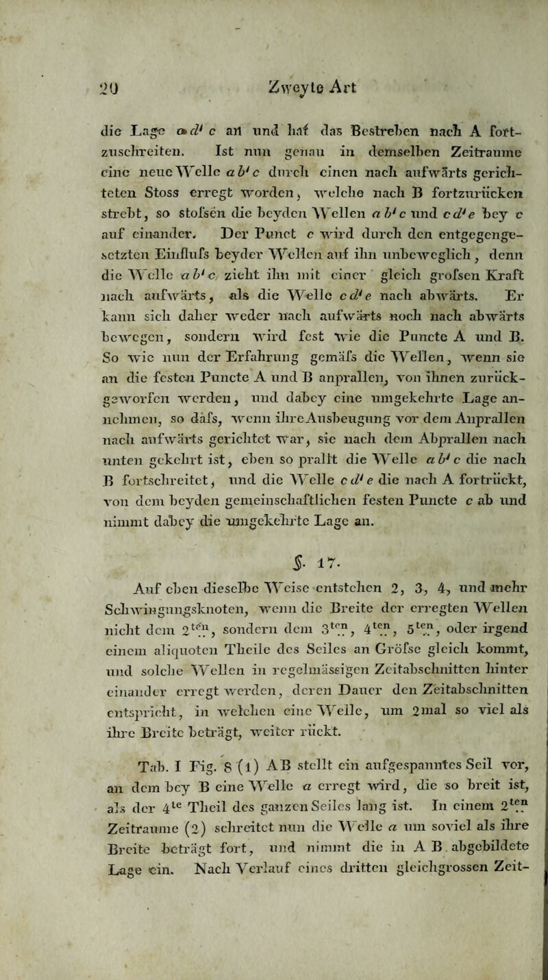 1>0 Zsveyte Art die Lage o» d* c an und haf das Bestreben nach A fort¬ zuschreiten. Ist nun genau in demselben Zeiträume eine neue Welle ab* c durch einen nach aufwärts gerich¬ teten Stoss erregt worden, welche nach B fortzurücken strebt, so stofsen die beyden M eilen ah* c und cd*e hey c auf einander. Der Punct e wird durch den entgegenge¬ setzten Einflufs beyder ‘Wellen auf ihn unbeweglich, denn die M elle ab* c zieht ihn mit einer gleich grofsen Kraft nach aufwärts, als die Melle cd*e nach abwärts. Er kann sieh daher weder nach aufwärts noch nach abwärts bewegen, sondern wird fest wie die Puncte A und B. So wie nun der Erfahrung gcinäfs die Mrellen, wenn sie an die festen Puncte A und B anprallen, von ihnen zurück¬ geworfen werden, und dabey eine umgekehrte Lage an- nclnncn, so däfs, wenn ihre Ausbeugung vor dem Anprallcn nach aufwärts gerichtet war, sie nach dem Abprallen nach unten gekehrt ist, eben so prallt die Welle ab* c die nach B fortschreitet, und die Mrclle c d* e die nach A fortrückt, von dem beyden gemeinschaftlichen festen Puncte c ab und nimmt dabey die umgekehrte Lage an. §■ 17. Auf eben dieselbe M'cisc -entstehen 2, 3, 4, und mehr Sehwingungsknoten, wenn die Breite der erregten Wellen nicht dem 2t'u, sondern dem 31™, 4t(;n, 51®“, oder irgend einem aliquoten Theilc des Seiles an Gröfsc gleich kommt, und solche Wellen in regelmässigen Zeitabschnitten hinter einander erregt werden, deren Dauer den Zeitabschnitten entspricht, in welchen eine Mrelle, um 2mal so viel als ihre Breite beträgt, weiter rückt. Tab. I Fig. S (l) AB stellt ein aufgespanntes Seil vor, an dem bey B eine M’ellc a erregt wird, die so breit ist, als der 4le Theil des ganzen Seiles lang ist. In einem 2l?“ Zeiträume (2) schreitet nun die Welle a um soviel als ihre Breite beträgt fort, und nimmt die in AB abgebildete Lage ein. Nach Verlauf eines dritten gleichgrossen Zeit-