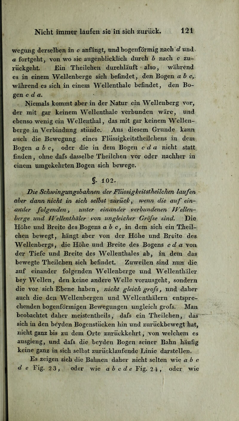 wegung derselben in c anfängt, und bogenförmig nach d und a fortgebt, von wo sie augenblicklich durch b nach c zu¬ rückgeht. Ein Theilchen durchläuft also, während es in einem Wellenberge sich befindet, den Bogen ab c, während es sich in einem Wellenthale befindet, den Bo¬ gen c d a. • Niemals kommt aber in der Natur ein Wellenberg vor, der mit gar keinem Wellenthale verbunden wäre, und ebenso wenig ein Wellenthal, das mit gar keinem Wellen¬ berge in Verbindung stünde. Aus diesem Grunde kann auch die Bewegung eines Flüssigkeitstheilchens in dem Bogen a b e, oder die in dem Bogen c d a nicht statt finden, ohne dafs dasselbe Theilchen vor oder nachher in einem umgekehrten Bogen sich bewege. §. 102- Die Schwingungsbahnen der Fliissigkeitstheilchen laufen aber dann nicht in sich selbst zurück, wenn die auf ein¬ ander folgenden, unter einander verbundenen TVellen- berge und iVellenthäler von ungleicher Gröfse sind. Die Flöhe und Breite des Bogens ab c, in dem sich ein Theil¬ chen bewegt, hangt aber von der Höhe und Breite des Wellenbergs, die Höhe und Breite des Bogens eda von der Tiefe und Breite des Wellenthales ab, in dem das bewegte Theilchen sich befindet. Zuweilen sind nun die auf einander folgenden Wellenberge und Wellenthäler bey Wellen, den keine andere Welle vorausgeht, sondern die vor sich Ebene haben, nicht gleich grofs, und daher auch die den Wellenbergen und Wellcnthälern entspre¬ chenden bogenförmigen Bewegungen ungleich grofs. Man beobachtet daher meistentlieils, dafs ein Theilchen, das sich in den beyden Bogenstücken hin und zurückbewegt hat, nicht ganz bis zu dem Orte zurückkehrt, von welchem es ausgieng, und dafs die beyden Bogen seiner Bahn häufig keine ganz in sich selbst zuriicklaufendc Linie darstellen. Es zeigen sich die Bahnen daher nicht selten wie a b c de F ig. 2 3 , oder wie ab c d e Fig. 24 , oder wie