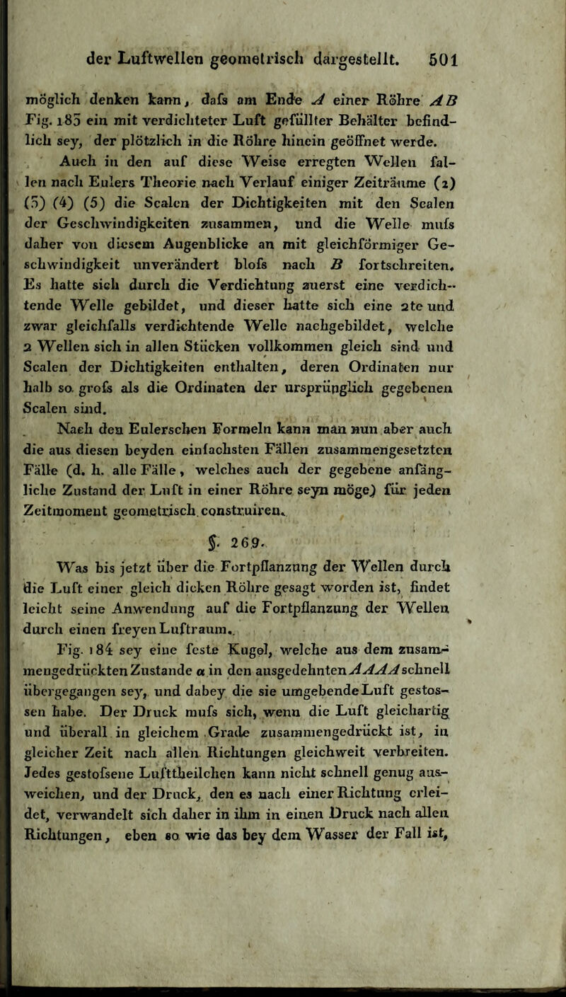 möglich denken kann, dafs am Ende A einer Röhre AB Fig. i85 ein mit verdichteter Luft gefüllter Behälter befind¬ lich sey, der plötzlich in die Röhre hinein geöffnet werde. Auch in den auf diese Weise erregten Wellen fal¬ len nach Eulers Theorie nach Verlauf einiger Zeiträume (2) (0) C4) (5) die Scalen der Dichtigkeiten mit den Scalen der Geschwindigkeiten zusammen, und die Welle nnifs daher von diesem Augenblicke an mit gleichförmiger Ge¬ schwindigkeit unverändert blofs nach B fortsclireiten. Es hatte sich durch die Verdichtung zuerst eine verdich¬ tende Welle gebildet, und dieser hatte sich eine ate und zwar gleichfalls verdichtende Welle nachgebildet, welche 2 Wellen sich in allen Stücken vollkommen gleich sind und Scalen der Dichtigkeiten enthalten, deren Ordinaben nur halb so. grofs als die Ordinatcn der ursprünglich gegebenen Scalen sind. Nach den Eulerseben Formeln kann man nun aber auch die aus diesen beyden einfachsten Fallen zusammengesetzten Fälle (d. h. alle Fälle, welches auch der gegebene anfäng¬ liche Zustand der, Luft in einer Röhre seyn möge,) für jeden Zeitinomeut geometrisch constr.uireu. 2 6,9- Was bis jetzt über die Fortpflanzung der Wellen durch die Luft einer gleich dicken Röhre gesagt worden ist, findet leicht seine Anwendung auf die Fortpflanzung der Wellen durch einen freyen Luftraum., Fig. 184 sey eine feste Kugel, welche aus dem zusam- mengedriiekten Zustande a in den ausgedehnten AAAAschnell übergegangen sey, und dabey die sie umgebende Luft gestos- sen babe. Der Druck mufs sich, wenn die Luft gleichartig und überall in gleichem Grade zusammengedrückt ist, in gleicher Zeit nach allen Richtungen gleicbweit verbreiten. Jedes gestofsene Lufttbeilchen kann nicht schnell genug aus- weichen, und der Druck, den es nach einer Richtung erlei¬ det, verwandelt sich daher in ihm in einen Druck nach allen Richtungen, eben so wie das bey dem Wasser der Fall ist,