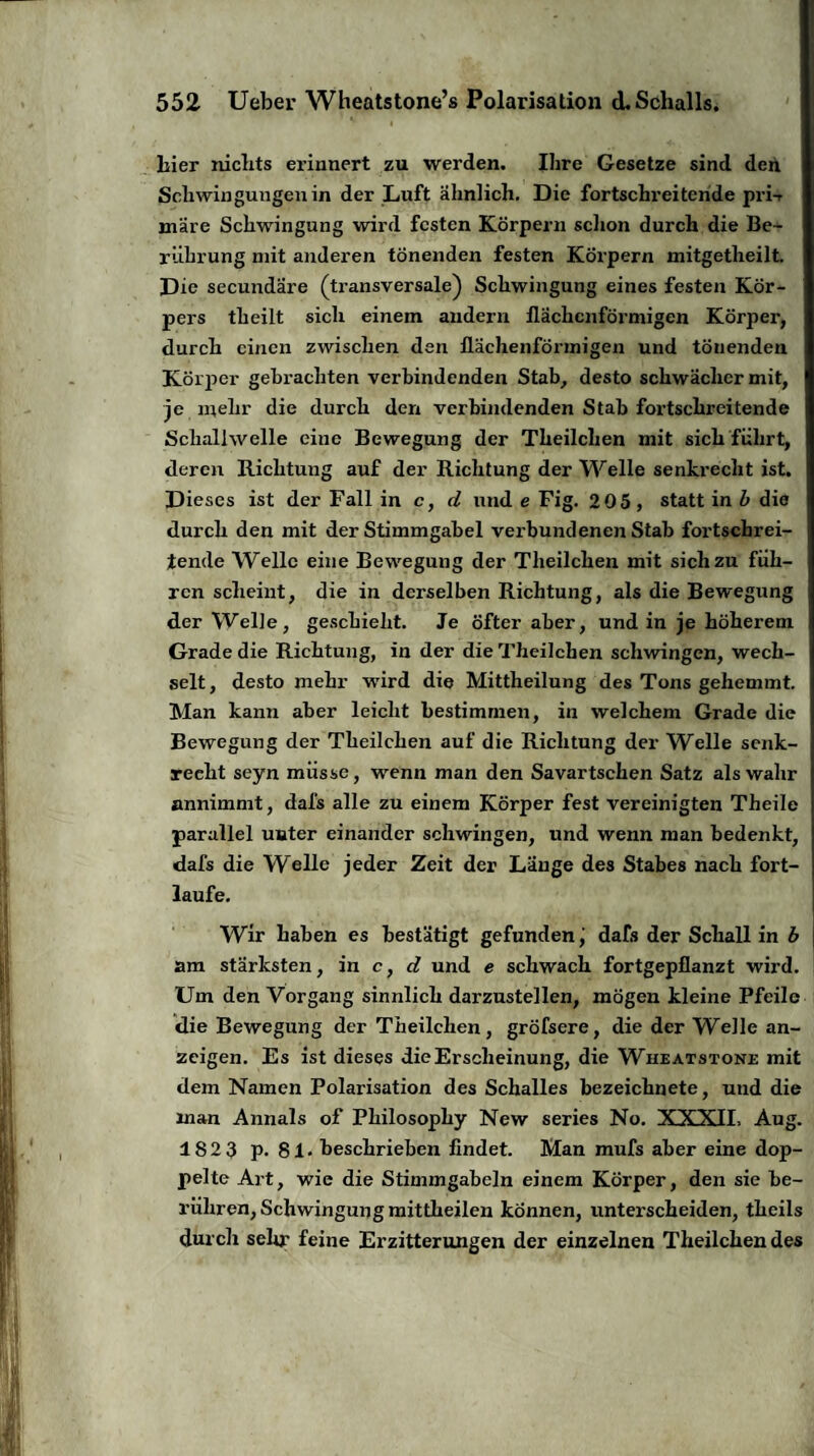 hier nichts erinnert zu werden. Ihre Gesetze sind den Schwingungen in der Luft ähnlich. Die fortschreitende pri-r märe Schwingung wird festen Körpern schon durch die Be¬ rührung mit anderen tönenden festen Körpern mitgetheilt. Die secundäre (transversale) Schwingung eines festen Kör¬ pers theilt sich einem andern flächenförmigen Körper, durch einen zwischen den flächenförmigen und tönenden Körper gebrachten verbindenden Stab, desto schwächer mit, je mehr die durch den verbindenden Stab fortschreitende Schallwelle eine Bewegung der Theilchen mit sich führt, deren Richtung auf der Richtung der Welle senkrecht ist. Dieses ist der Fall in c, cl und e Fig. 205 , statt in b die durch den mit der Stimmgabel verbundenen Stab fortschrei¬ tende Welle eine Bewegung der Theilchen mit sich zu füh¬ ren scheint, die in derselben Richtung, als die Bewegung der Welle, geschieht. Je öfter aber, und in je höherem Grade die Richtung, in der die Theilchen schwingen, wech¬ selt , desto mehr wird die Mittheilung des Tons gehemmt. Man kann aber leicht bestimmen, in welchem Grade die Bewegung der Theilchen auf die Richtung der Welle senk¬ recht seyn müsse, wenn man den Savartschen Satz als wahr annimmt, dafs alle zu einem Körper fest vereinigten Theile parallel unter einander schwingen, und wenn man bedenkt, dafs die Welle jeder Zeit der Länge des Stabes nach fort¬ laufe. Wir haben es bestätigt gefunden j dafs der Schall in b am stärksten, in c, d und e schwach fortgepflanzt wird. Um den Vorgang sinnlich darzustellen, mögen kleine Pfeile die Bewegung der Theilchen, gröfsere, die der Welle an- zeigen. Es ist dieses die Erscheinung, die Wheatstone mit dem Namen Polarisation des Schalles bezeichnete, und die man Annals of Philosophy New series No. XXXII. Aug. 182 3 p. 81- beschrieben findet. Man mufs aber eine dop¬ pelte Art, wie die Stimmgabeln einem Körper, den sie be¬ rühren, Schwingung mittheilen können, unterscheiden, theils durch sehr feine Erzitterungen der einzelnen Theilchen des