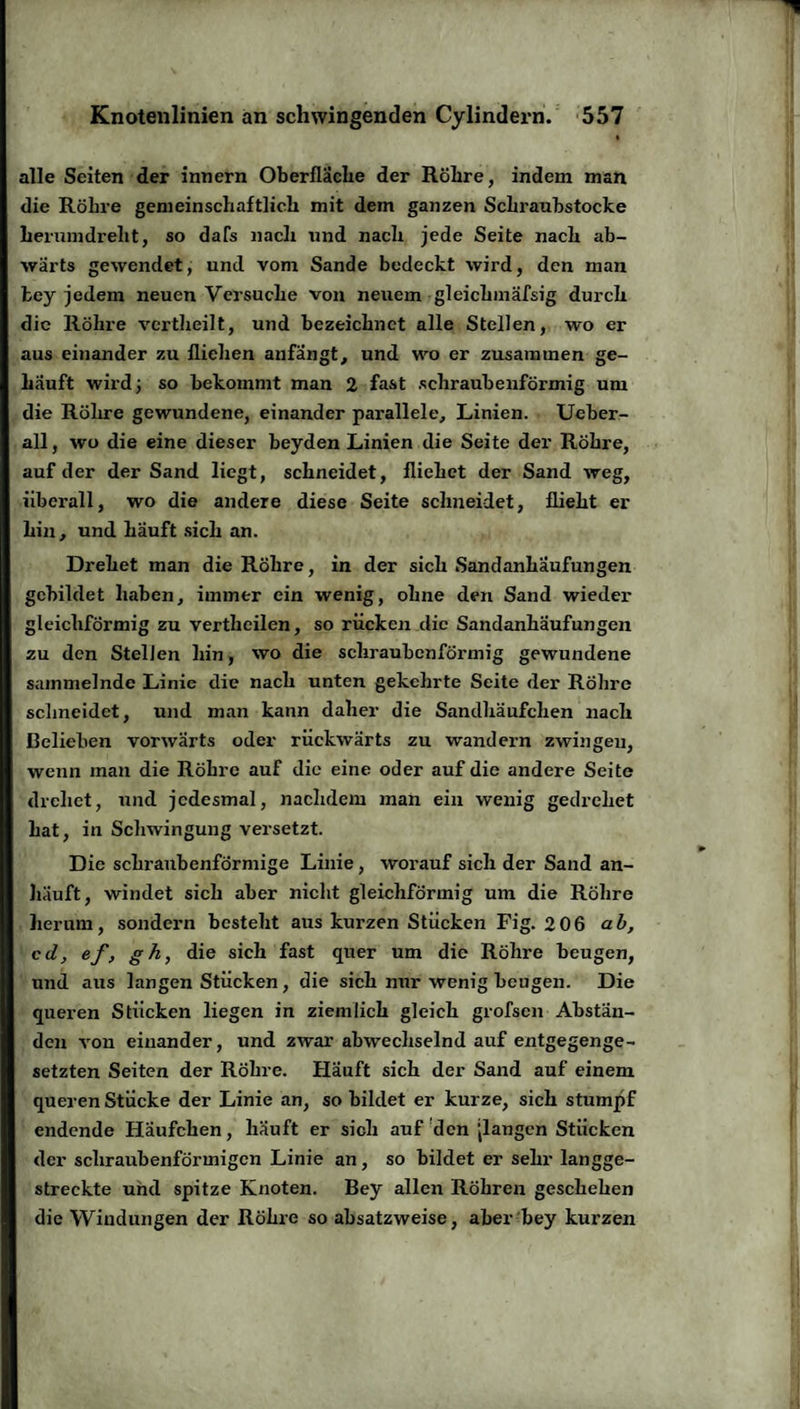 alle Seiten der innern Oberfläche der Röhre, indem man die Röhre gemeinschaftlich mit dem ganzen Schraubstocke herumdreht, so dafs nach und nach jede Seite nach ab¬ wärts gewendet, und vom Sande bedeckt wird, den man bey jedem neuen Versuche von neuem gleichmäfsig durch die Röhre vertheilt, und bezeichnet alle Stellen, wo er aus einander zu fliehen anfängt, und wo er zusammen ge¬ häuft wird; so bekommt man 2 fast schraubenförmig um die Röhre gewundene, einander parallele, Linien. Ueber- all, wo die eine dieser beyden Linien die Seite der Röhre, auf der der Sand liegt, schneidet, fliehet der Sand weg, überall, wo die andere diese Seite schneidet, flieht er hin, und häuft sich an. Drehet man die Röhre, in der sich Sandanhäufungen gebildet haben, immer ein wenig, ohne den Sand wieder gleichförmig zu vertheilen, so rücken die Sandanhäufungen zu den Stellen hin, wo die schraubenförmig gewundene sammelnde Linie die nach unten gekehrte Seite der Röhre schneidet, und man kann daher die Sandhäufchen nach Belieben vorwärts oder rückwärts zu wandern zwingen, wenn man die Röhre auf die eine oder auf die andere Seite drehet, und jedesmal, nachdem man ein wenig gedreliet hat, in Schwingung versetzt. Die schraubenförmige Linie, worauf sich der Sand an¬ häuft, windet sich aber nicht gleichförmig um die Röhre herum, sondern besteht aus kurzen Stücken Fig. 206 ab, cd, ef, gh, die sich fast quer um die Röhre beugen, und aus langen Stücken, die sich nur wenig beugen. Die queren Stücken liegen in ziemlich gleich grofsen Abstän¬ den von einander, und zwar abwechselnd auf entgegenge¬ setzten Seiten der Röhre. Häuft sich der Sand auf einem queren Stücke der Linie an, so bildet er kurze, sich stumpf endende Häufchen, häuft er sich auf den fangen Stücken der schraubenförmigen Linie an, so bildet er sehr langge¬ streckte und spitze Knoten. Bey allen Röhren geschehen die Windungen der Röhre so absatzweise, aber bey kurzen