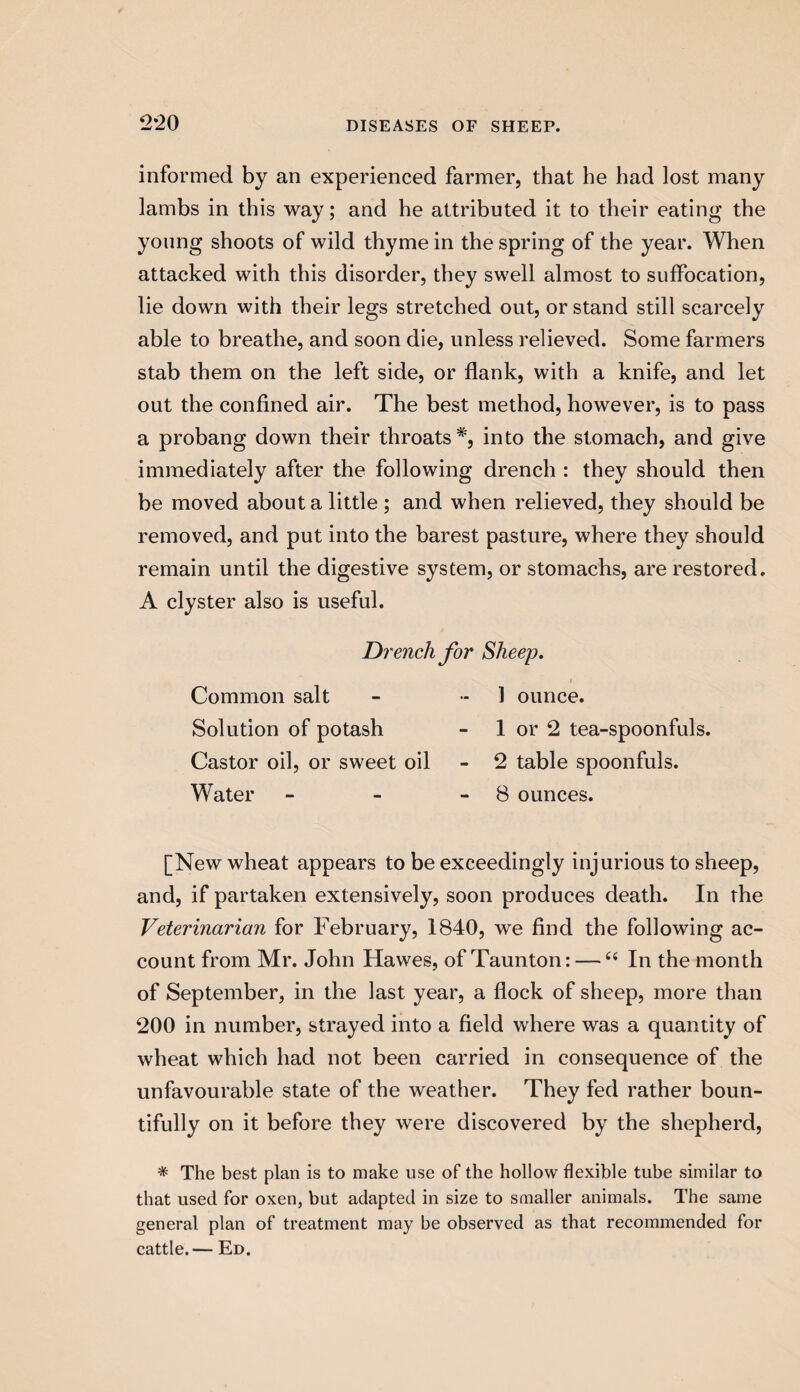 informed by an experienced farmer, that be had lost many lambs in this way; and he attributed it to their eating the young shoots of wild thyme in the spring of the year. When attacked with this disorder, they swell almost to suffocation, lie down with their legs stretched out, or stand still scarcely able to breathe, and soon die, unless relieved. Some farmers stab them on the left side, or flank, with a knife, and let out the confined air. The best method, however, is to pass a probang down their throats*, into the stomach, and give immediately after the following drench : they should then be moved about a little ; and when relieved, they should be removed, and put into the barest pasture, where they should remain until the digestive system, or stomachs, are restored. A clyster also is useful. Drench for Sheep. Common salt Solution of potash Castor oil, or sweet oil Water 1 ounce. 1 or 2 tea-spoonfuls. 2 table spoonfuls. 8 ounces. [New wheat appears to be exceedingly injurious to sheep, and, if partaken extensively, soon produces death. In the Veterinarian for February, 1840, we find the following ac¬ count from Mr. John Hawes, of Taunton: —66 In the month of September, in the last year, a flock of sheep, more than 200 in number, strayed into a field where was a quantity of wheat which had not been carried in consequence of the unfavourable state of the weather. They fed rather boun¬ tifully on it before they were discovered by the shepherd, * The best plan is to make use of the hollow flexible tube similar to that used for oxen, but adapted in size to smaller animals. The same general plan of treatment may be observed as that recommended for cattle.— Ed.