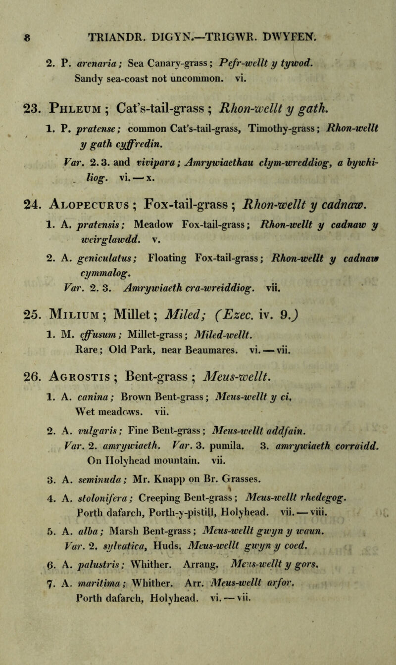 2. P. arenaria; Sea Canary-grass; Pefr-wellt y tywod. Sandy sea-coast not uncommon, vi. 23. Phleum ; Cat’s-tail-grass ; Rhon-wellt y gath. 1. P. pratense; common Cat’s-tail-grass, Timothy-grass; Rhon-wellt y gath cyffredin. Var. 2.3. and vivipara; Amrywiaethau clym-wreddiog, a bywhi- liog. vi. — x. 24. Alopecurus ; Fox-tail-grass ; Rhon-wellt y cadnaw. 1. A, pratensis; Meadow Fox-tail-grass; Rhon-wellt y cadnaw y weirglawdd. v. 2. A. geniculatus; Floating Fox-tail-grass; Rhon-wellt y cadnaw cymmalog, Var. 2. 3. Amrywiaeth cra-wreiddiog. vii. 25. Milium ; Millet; Miled; (Ezec. iv. 9.) 1. M. effusum; Millet-grass; Miled-wellt. Rare; Old Park, near Beaumares. vi. — vii. 26. Agrostis ; Bent-grass ; Meus-wellt. 1. A. canina; Brown Bent-grass; Meus-wellt y ci, Wet meadc.ws. vii. 2. A. vulgaris; Fine Bent-grass; Meus-wellt addfain. Var. 2. amrywiaeth. Var. 3. pumila. 3. amrywiaeth corraidd. On Holyhead mountain, vii. 3. A. seminuda; Mr. Knapp on Br. Grasses. % 4. A. stolonifera; Creeping Bent-grass; Meus-wellt rhedegog. Porth dafarch, Porth-y-pistill, Holyhead, vii. — viii. 5. A. alba; Marsh Bent-grass; Meus-wellt gwyn y waun. Var. 2. sylvatica, Huds, Meus-wellt gwyn y coed. 0. A. palustris; Whither. Arrang. Meus-wellt y gors. 7. A. maritima; Whither. Arr. Meus-wellt arfor.