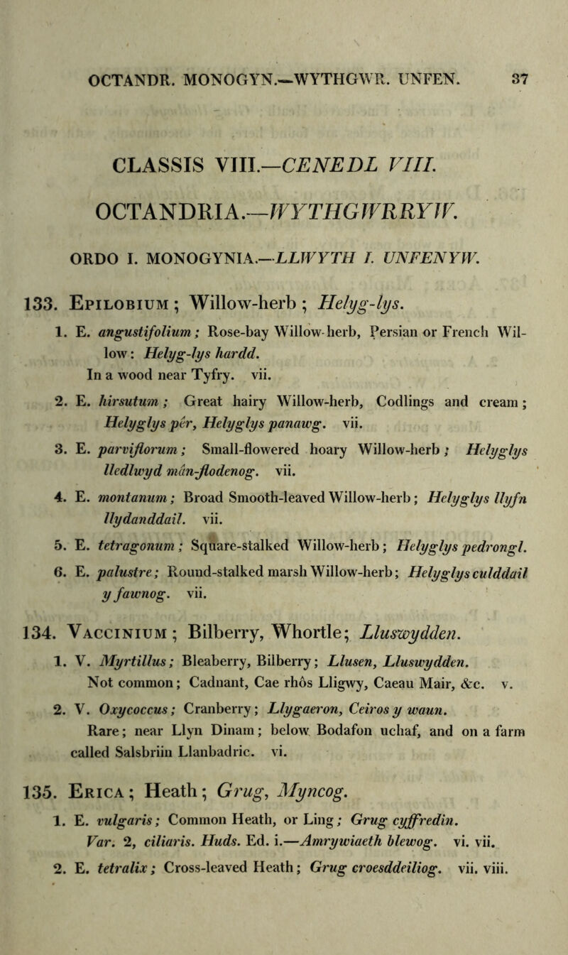 CLASSIS VIII.—CENEDL VIII. OCTANDRIA .—WYTHGWRRYJV. ORDO I. MONOGYNIA.—LLWYTH L UNFENYW. 133. Epilobium ; Willow-herb ; Helyg-lys. 1. E. angustifolium; Rose-bay Willow-herb, Persian or French Wil- low : Helyg-lys hardd. In a wood near Tyfry. vii. 2. E. hirsutum; Great hairy Willow-herb, Codlings and cream; Helyglys per, Helyglys panawg. vii. 3. E. parviflorum; Small-flowered hoary Willow-herb / Helyglys lledlwyd man-Jlodenog. vii. 4. E. montanum; Broad Smooth-leaved Willow-herb; Helyglys llyfn llydanddaxl. vii. 5. E. tetragonum; Sqiiare-stalked Willow-herb; Helyglys pedrongl. 6. E. palustre; Round-stalked marsh Willow-herb; Helyglysculddail y fawnog. vii. 134. Vaccinium; Bilberry, Whortle; Lluswydden. 1. V. Myrtillus; Bleaberry, Bilberry; Llusen, Lluswydden. Not common; Cadnant, Cae rhos Lligwy, Caeau Mair, &c. v. 2. V. Oxycoccus; Cranberry; Llygaeron, Ceirosy waun. Rare; near Llyn Dinam; below Bodafon ucliaf, and on a farm called Salsbriin Llanbadric. vi. 135. Erica ; Heath; Grug, Myncog. 1. E. vulgaris; Common Heath, or Ling; Grug cyffredin. Var. 2, ciliaris. Huds. Ed. i.—Amrywiaeth blewog. vi. vii. 2. E. tetralix; Cross-leaved Heath; Grug croesddeiliog. vii. viii.