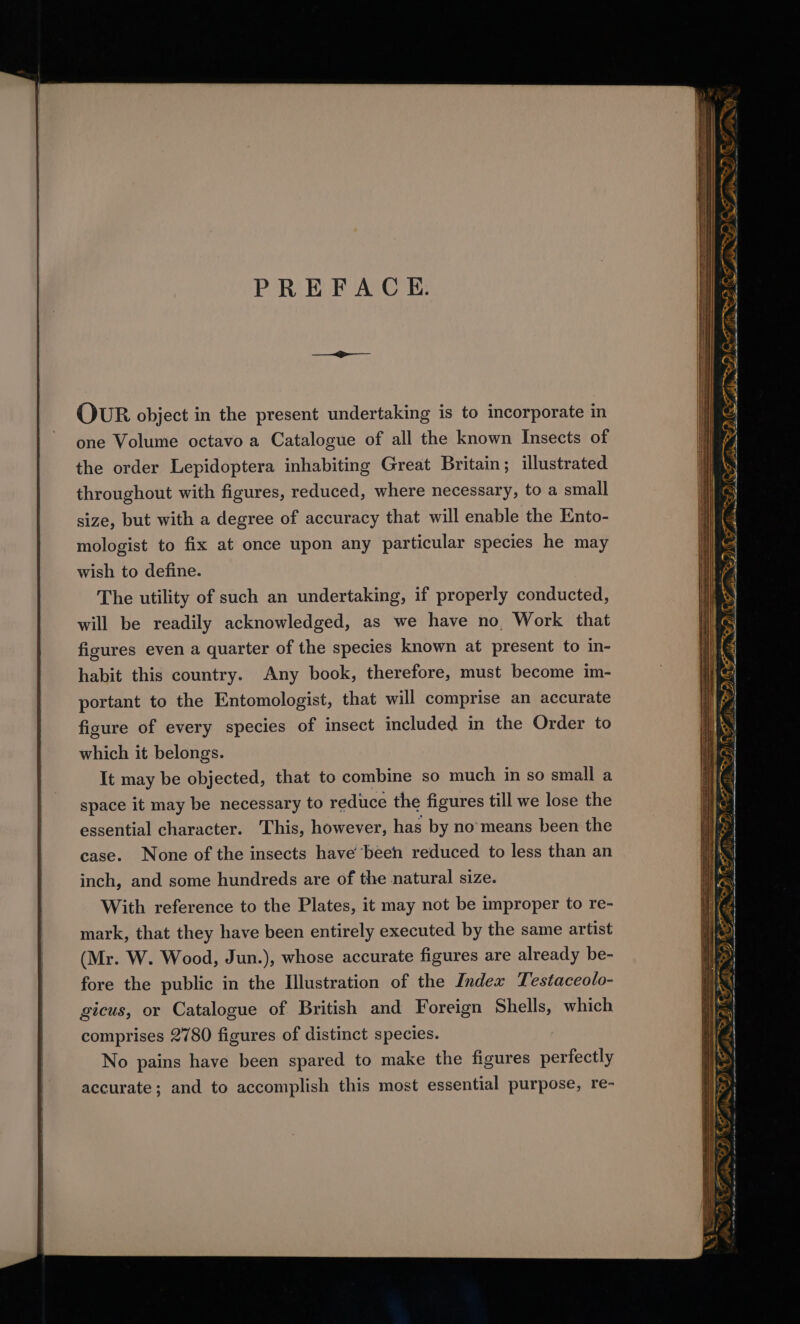 PREFACE. OUR object in the present undertaking is to incorporate in one Volume octavo a Catalogue of all the known Insects of the order Lepidoptera inhabiting Great Britain; illustrated throughout with figures, reduced, where necessary, to a small size, but with a degree of accuracy that will enable the Ento- mologist to fix at once upon any particular species he may wish to define. The utility of such an undertaking, if properly conducted, will be readily acknowledged, as we have no. Work that figures even a quarter of the species known at present to in- habit this country. Any book, therefore, must become im- portant to the Entomologist, that will comprise an accurate figure of every species of insect included in the Order to which it belongs. It may be objected, that to combine so much in so small a space it may be necessary to reduce the figures till we lose the essential character. This, however, has by no’means been the case. None of the insects have been reduced to less than an inch, and some hundreds are of the natural size. With reference to the Plates, it may not be improper to re- mark, that they have been entirely executed by the same artist (Mr. W. Wood, Jun.), whose accurate figures are already be- fore the public in the Illustration of the Index Testaceolo- gicus, or Catalogue of British and Foreign Shells, which comprises 2780 figures of distinct species. No pains have been spared to make the figures perfectly accurate; and to accomplish this most essential purpose, re- ~ tery im a ne OF aS aR a aon LOD RFD 4 PPS oS Seo 1) -_~ Ri &gt; ae rg &gt; (or aT Te