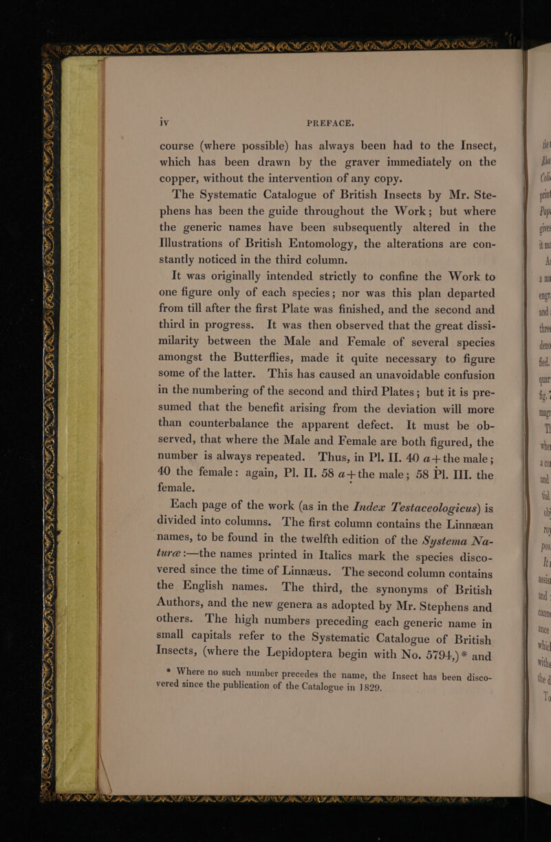 NNN. I SY WAN ESI, EL) SSS Greg) iv PREFACE. course (where possible) has always been had to the Insect, which has been drawn by the graver immediately on the copper, without the intervention of any copy. The Systematic Catalogue of British Insects by Mr. Ste- phens has been the guide throughout the Work; but where the generic names have been subsequently altered in the Illustrations of British Entomology, the alterations are con- stantly noticed in the third column. It was originally intended strictly to confine the Work to one figure only of each species; nor was this plan departed from till after the first Plate was finished, and the second and third in progress. It was then observed that the great dissi- milarity between the Male and Female of several species amongst the Butterflies, made it quite necessary to figure some of the latter. This has caused an unavoidable confusion in the numbering of the second and third Plates; but it is pre- sumed that the benefit arising from the deviation will more than counterbalance the apparent defect. It must be ob- served, that where the Male and Female are both figured, the number is always repeated. Thus, in Pl. II. 40 a+the male; 40 the female: again, Pl. II. 58 a+the male; 58 Pl. ILI. the female. . Each page of the work (as in the Index Testaceologicus) is divided into columns. The first column contains the Linnean names, to be found in the twelfth edition of the Systema Na- ture :—the names printed in Italics mark the species disco- vered since the time of Linneus. The second column contains the English names. The third, the synonyms of British Authors, and the new genera as adopted by Mr. Stephens and others. The high numbers preceding each generic name in small capitals refer to the Systematic Catalogue of British Insects, (where the Lepidoptera begin with No. 5794,)* and * Where no such number precedes the name, the Insect has been disco- vered since the publication of the Catalogue in 1829. PO) 77 hhh, %