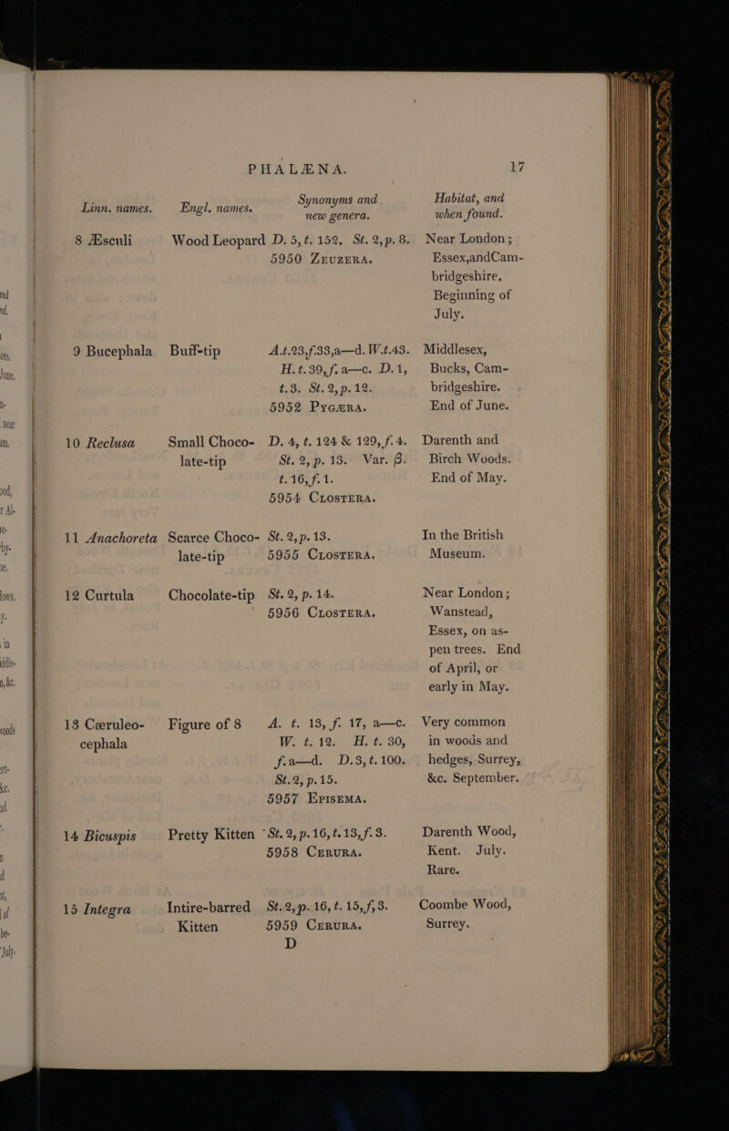 PHALENA. Synonyms and new genera. Linn. names. Engl. names. 8 #Hsceuli 5950 ZEuzERA. 9 Bucephala Buif-tip H.t.39,f.a—c. D.1, t.3. St.2,p.12. 5952 Pycmra. Small Choco- D. 4, ¢. 124 &amp; 129, fi4. late-tip St. 2, p.13. Var. B. i6y 7: 1- 5954 CrosTERA. 10 Reclusa 11 Anachoreta Scarce Choco- St. 2,p.13. late-tip 5955 CLosTERA. 12 Curtula Chocolate-tip St. 2, p. 14. 5956 CLosTERA. 13 Ceeruleo- cephala A, t. 13, f. 17, a—e. W. t. 12. H. t. 30, fired, D.3,%:.100 Sé.2, p.15. 5957 EprtsEmMA. Figure of 8 Pretty Kitten ‘St. 2, p.16,7.13,f. 3. 5958 CERURA. 14 Bicuspis Intire-barred St. 2, p. 16, ¢. 15, f, 3. Kitten 5959 CrrurRa. D 15 Integra Habitat, and when found. Near London ; Essex,andCam- bridgeshire, Beginning of July. Middlesex, Bucks, Cam- bridgeshire. End of June. Darenth and Birch Woods. End of May. In the British Museum. Near London; Wanstead, Essex, on as- pen trees. End of April, or early in May. Very common in woods and hedges, Surrey, &amp;c. September. Darenth Wood, Kent. July. Rare. Coombe Wood, Surrey. Witz Luan —_ Sia CD TMD ~ rR eee ee ee oe