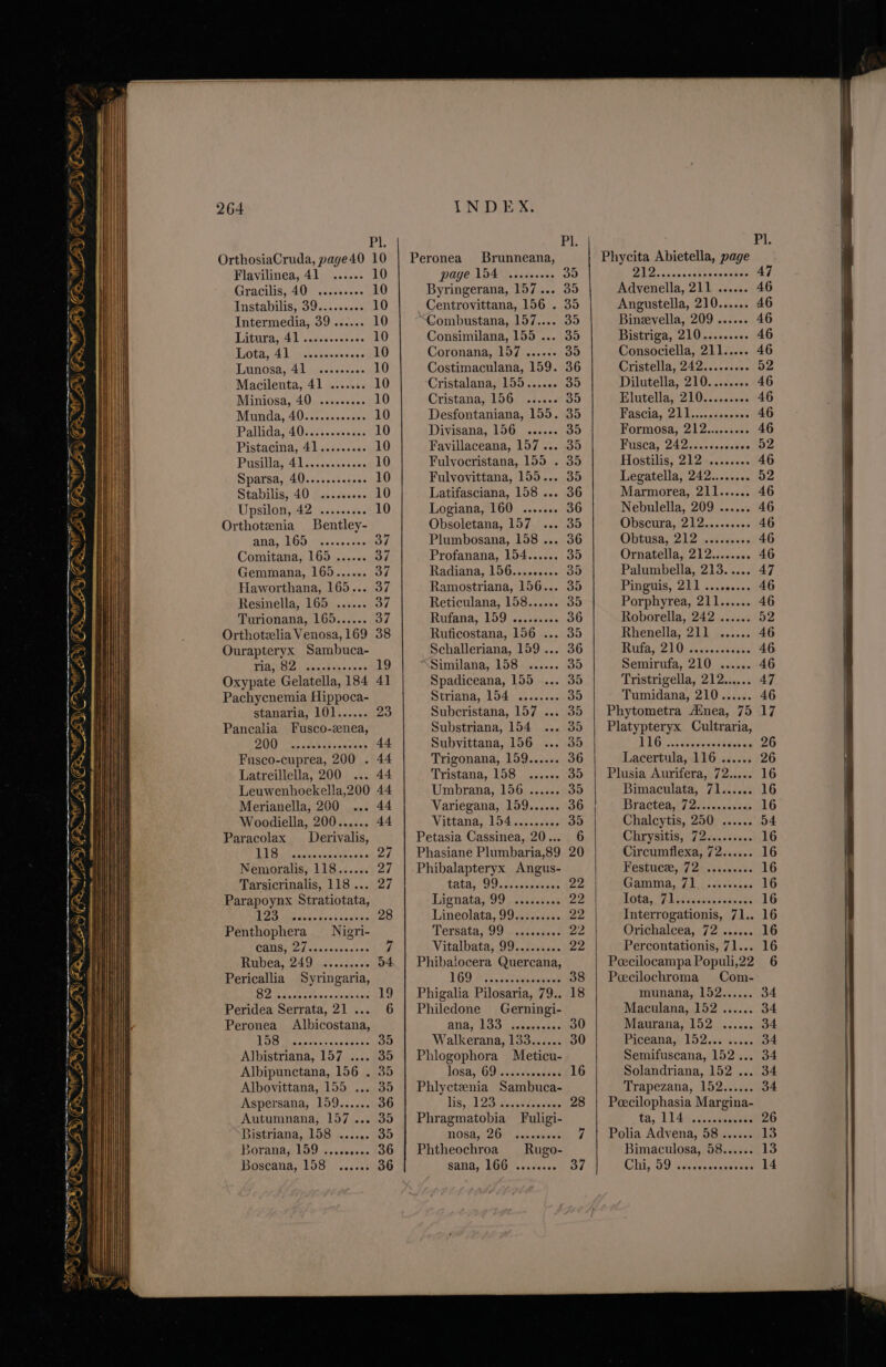 > ™, MOG Z 6 oy ry J SY Em sani iiataasi niet ata a — =) TaN VAY LEN [A — Sint, ~~ recs QE &amp; ——— ¢ r ag CRESS CR, WSS MSS) | a XG ay) ue 264 Pl. OrthosiaCruda, page40 10 Flavilinea, 41 ...... 10 Gracilis, 40° ..ccss.00 10 Instabilis, 39......... 10 Intermedia, 39 ...... 10 DatarayAl .scesesenece 10 Lota 41 oo sinaessacs 10 Tivn094, 40 ss cose 10 Macilenta, 41 ....... 10 Miniosa, 40 ......... 10 Munda, 40....<.n00a0s 10 Pallida, 40..5...065s« 10 Pistacina 4c ccesc0cs 10 Pushin tl cece cesses 10 Sparsa, 40........++0. 10 Stabilis, 40 © ....s00. 10 Upsilon, 42 ......06. 10 Orthotznia Bentley- ANA, EGO eaavesecs 37 Comitana, 165 ...... 37 Gemmana, 165...... 37 Haworthana, 165... 37 Resinella, 165 ...... 37 Turionana, 165...... 37 Orthotzlia Venosa, 169 38 Ourapteryx Sambuca- TASES baa ites nine’ 19 Oxypate Gelatella, 184 41 Pachycnemia Hippoca- stanaria, 101...... 20 Pancalia Fusco-zenea, BUY 4.2 chit vance nk 44 Fusco-cuprea, 200 . 44 Latreillella, 200 ... 44 Leuwenhoekella,200 44 Merianella, 200 ... 44 Woodiella, 200...... 44 Paracolax Derivalis, MT Rod ou snaceh aes. ea | Nemoralis, 118...... 27 Tarsicrinalis, 118... 27 Parapoynx Stratiotata, B2G som sntwars i cede pe 28 Penthophera _Nigri- CRUEL Nd clip seitenle we 7 Rubea, 249 ....s..0% 34 Pericallia Syringaria, Bo skye siacantile hae 19 Peridea Serrata, 21... 6 Peronea Albicostana, POM Wooncechinccoees 35 Albistriana, 157 .... 35 Albipunctana, 156 . 35 Albovittana, 155 ... 35 Aspersana, 159...... 36 Autumnana, 157... 35 Bistriana, 158 ...... 35 Borana, 159 ..... ses POD Boscana, 158 ...... INDEX. page 154 ......0. Byringerana, 157... Centrovittana, 156 . Combustana, 157.... Consimilana, 155 ... Coronana, 157 ...... Costimaculana, 159. Cristalana, 155...... Cristana, 196) |.:-5-< Diyisana, 156) esses. Fulvovittana, 155... Latifasciana, 158 ... Logiana, 160 ....... Obsoletana, 157 Profanana, 154...... Radiana, 156......... Ramostriana, 156... Reticulana, 158...... Rufana, 159 \sbeseaces Ruficostana, 156 ... Similana, 158 ...... Striana, 154 ........ Subcristana, 157 ... Substriana, 154 Subvittana, 156 ... Trigonana, 159...... Tristana, 158 ...... Umbrana, 156 ...... Variegana, 159...... Vittana, 154.....+s- tats 9 Ore eee. Lineolata, 99......... Lis, 51 223 geaiet Sow pies Phragmatobia Fuligi- OSA, 2H sup cheer Phtheochroa Rugo- Sand, LGD. vireces Pl. Phycita Abietella, page PD be ARERR eo 47 Advenella, 211 ...... 46 Angustella, 210...... 46 Bineevella, 209 ...... 46 Bistriga, 210......... 46 Consociella, 211..... 46 Cristella; 24 2cc.sese- 52 Dilutella, 210........ 46 Elutelia, 210... sess. 46 Fascia, 211.........0.. 46 Formosa, 212......... 46 Firsca, 242s..swecnees 52 Fostiligs 2h2 tecncsses 46 Legatella, 242........ 52 Marmorea, 211...... 46 Nebulella, 209 ...... 46 Obscura, (2. ss ccseeys 46 Obtnsas 212 2A ldws 46 Ornatella, 212........ 46 Palumbella, 213..... 47 Pinguis, 211 ......... 46 Porphyrea, 211...... 46 Roborella, 242 ...... 52 Rhenella, 211 ...... 46 Rita 2 lO jes scsebee 46 Semirufa, 210 ...... 46 Tristrigella, 212...... 47 Tumidana, 210...... 46 VLG -.cteenett tes ch 26 Lacertula, 116 ...... 26 Plusia Aurifera, 72..... 16 Bimaculata, 71...... 16 DY Acted, 7 2acsnaieesns 16 Chalcytis, 250 ...... 54 CUP ySitts, G1 2esienctves 16 Circumflexa, 72...... 16 Pespueds, 27 2esseenns os 16 Camm, 7. heck iveaus 16 LOG, Pbslinstiedosesns 16 Interrogationis, 71.. 16 Orichalcea, 72 ...... 16 Percontationis, 71... 16 munana, 152...... 34 Maculana, 152 ...... 34 Maurana, 152 ...... 34 Piceanas Lb esx reas 34 Semifuscana, 152... 34 Solandriana, 152 ... 34 Trapezana, 152...... 34 Peecilophasia Margina- fa, 114i ages 26 Polia Advena, 58 ...... 13 Bimaculosa, 58...... 13 Chi, 09, sdievssnche sas