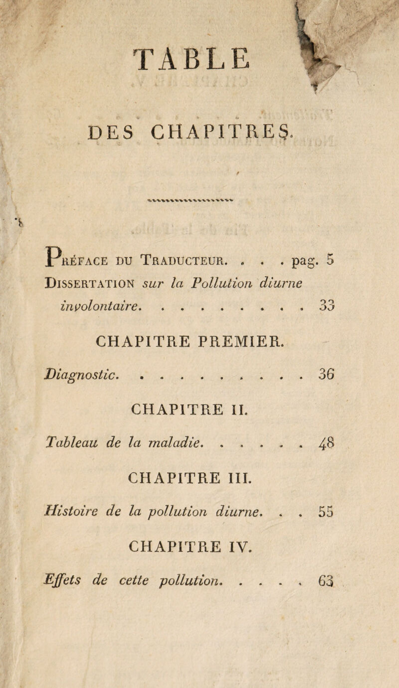 TABLE DES CHAPITRES Préface du Traducteur. . . . pag. 5 Dissertation sur la Pollution diurne involontaire..33 CHAPITRE PREMIER. Diagnostic.. 36 CHAPITRE IL Tableau de la maladie. . .... 4$ CHAPITRE III. Histoire de la pollution diurne. . . 55 CHAPITRE IV. Effets de cette pollution. 63