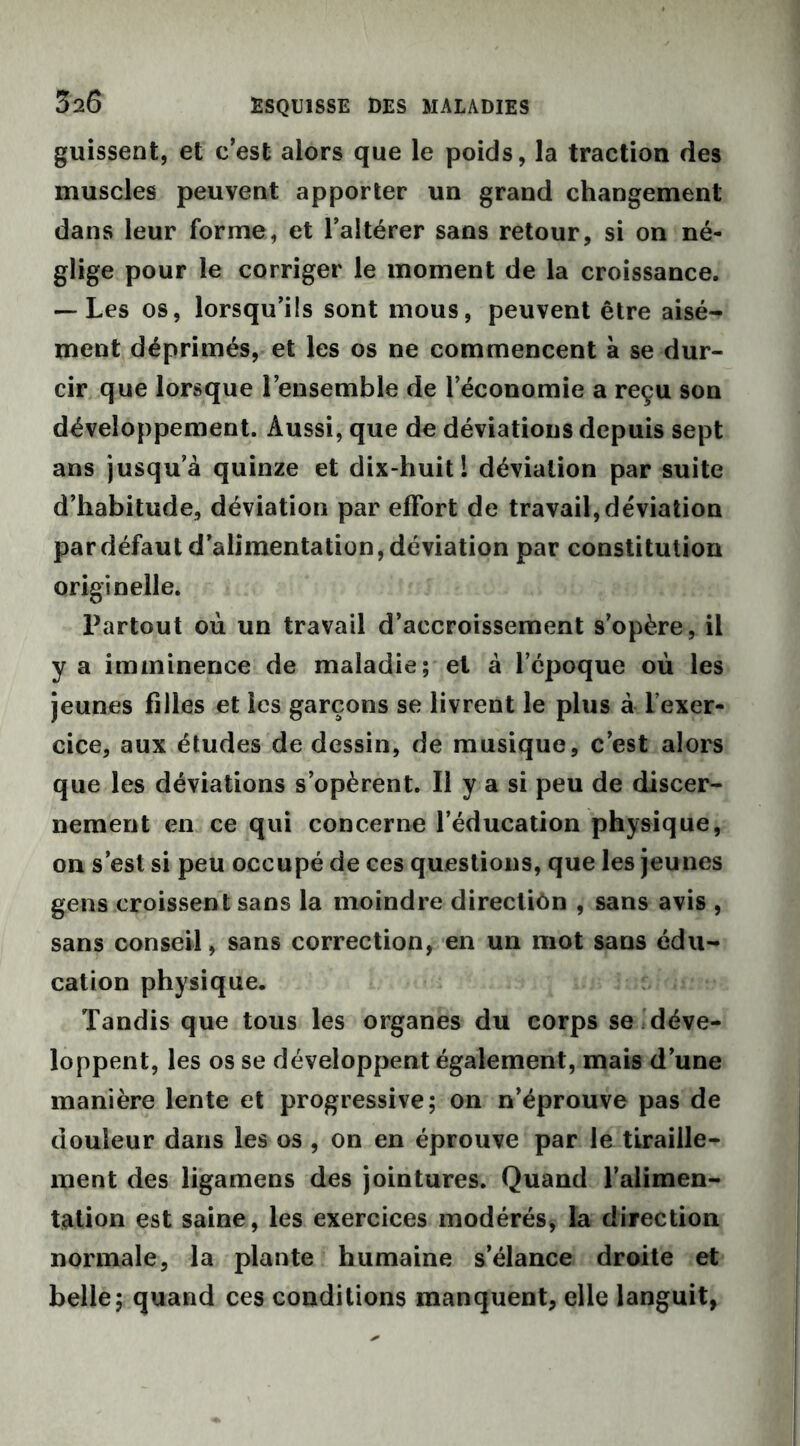guissent, et c’est alors que le poids, la traction des muscles peuvent apporter un grand changement dans leur forme, et l’altérer sans retour, si on né- glige pour le corriger le moment de la croissance. — Les os, lorsqu’ils sont mous, peuvent être aisé- ment déprimés, et les os ne commencent à se dur- cir que lorsque l’ensemble de l’économie a reçu son développement. Aussi, que de déviations depuis sept ans jusqu’à quinze et dix-huit 1 déviation par suite d’habitude, déviation par effort de travail,déviation par défaut d’alimentation, déviation par constitution originelle. Partout où un travail d’accroissement s’opère, il y a imminence de maladie; et à l’époque où les jeunes filles et les garçons se livrent le plus à l’exer- cice, aux études de dessin, de musique, c’est alors que les déviations s’opèrent. Il y a si peu de discer- nement en ce qui concerne l’éducation physique, on s’est si peu occupé de ces questions, que les jeunes gens croissent sans la moindre directiôn , sans avis , sans conseil, sans correction, en un mot sans édu- cation physique. Tandis que tous les organes du corps se déve- loppent, les os se développent également, mais d’une manière lente et progressive; on n’éprouve pas de douleur dans les os , on en éprouve par le tiraille- ment des ligamens des jointures. Quand l’alimen- tation est saine, les exercices modérés, la direction normale, la plante humaine s’élance droite et belle; quand ces conditions manquent, elle languit,