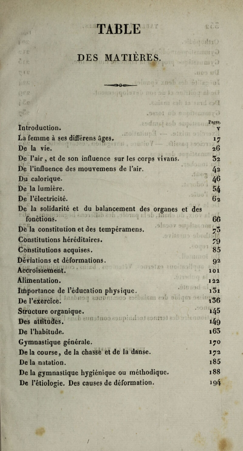 TABLE DES MATIÈRES. i Pages. Introduction. v La femme à ses différens âges. 17 De la vie. 26 De l’air, et de son influence sur les corps vivans. 32 De l’influence des mouvemens de l’air. 42 Du calorique. 46 De la lumière. 54 De l’électricité. 62 De la solidarité et du balancement des organes et des fonctions. 66 De la constitution et des tempéramens. ?3 Constitutions héréditaires. 79 Constitutions acquises. 85 Déviations et déformations. 92 Accroissement. 101 Alimentation. 122 Importance de l’éducation physique. i5i De l’exercice. i36 Structure organique. i45 Des attitudes. i49 De l’habitude. i63 Gymnastique générale. 170 De la course, de la chassé et de la danse. 172 De la natation. i85 De la gymnastique hygiénique ou méthodique. 188 De l’étiologie. Des causes de déformation. 194