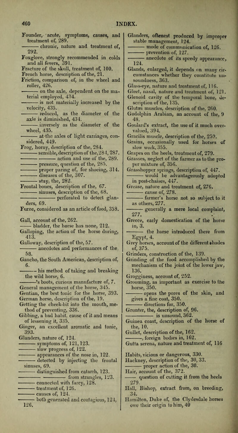 Founder,' acute, symptoms, causes, and treatment of, 289. • -chronic, nature and treatment of, 292. Foxglove, strongly recommended in colds and all fevers, 391. Fracture of the skull, treatment of, 100. French horse, description of the, 21. Friction, comparison of, in the wheel and roller, 426. ■ -on the axle, dependent on the ma¬ terial employed, 434. -is not materially increased by the velocity, 435. -reduced, as the diameter of the axle is diminished, 434. -inversely as the diameter of the wheel, 435. -at the axles of light carriages, con¬ sidered, 449. Frog, horny, description of the, 284. -sensible, description of the,284, 287. --action and use of the, 289. -pressure, question of the, 285. ■ -proper paring of, for shoeing, 314. • -diseases of the, 307. -slay, the, 282. Frontal bones, description of the, 67. -sinuses, description of the, 68. -perforated to detect glan¬ ders, 69. Furze, considered as an article of food, 353. Gall, account of the, 262. -bladder, the horse has none, 212. Galloping, the action of the horse during, 413. Galloway, description of the, 57. -anecdotes and performances of the, 58. Gaucho, the South American, description of, 6. ■ -his method of taking and breaking the wild horse, 6. -’s boots, curious manufacture of, 7. General management of the horse, 345. Gentian, the best tonic for the horse, 393. German horse, description of the, 19. Getting the cheek-bit into the mouth, me¬ thod of preventing, 336. Gibbirig, a bad habit, cause of it and means of lessening it, 335. Ginger, an excellent aromatic and tonic, 393. Glanders, nature of, 124. • -symptoms of, 121,123. -slow progress of, 122. -appearances of the nose in, 122. -detected by injecting the frontal sinuses, 69. -distinguished from catarrh, 123. -from strangles, 123. ■ -connected with farcy, 128. • -treatment of, 126. • -causes of, 124. ■ -both generated and contagious, 121, Glanders, oftenest produced by improper stable management, 124. -mode of communication of, 126. -prevention of, 127. -anecdote of its speedy appearance, 124. Glands, enlarged, it depends on many cir¬ cumstances whether they constitute un- sounduess, 363. Glass-eye, nature and treatment of, 116. Gleet, nasal, nature and treatment of, 121. Glenoid cavity of the temporal bone, de¬ scription of the, 135. Glutei muscles, description of the, 260. Godulphin Arabian, an account of the, 9 48. Goulard’s extract, the use of it much over¬ valued, 394. Gracilis muscle, description of the, 259. Grains, occasionally used for horses of slow work, 355. Grapes on the heels, treatment of, 279. Grasses, neglect of the farmer as to the. pro¬ per mixture of, 356. Grasshopper springs, description of, 447. -would be advantageously adopted in post-chaises, 447. Grease, nature and treatment of, 276. -cause of, 278. -farmer’s horse not so subject to it as others, 277. -generally a mere local complaint, 277. Greece, early domestication of the horse in, 3. - the horse introduced there from , Egypt, 4. Grey horses, account of the different shades of’ 375. Grinders, construction of the, 139. Grinding of the food accomplished by the mechanism of the joint of the lower jaw. 136. Grogginess, account of, 252. Grooming, as important as exercise to (lie horse, 350. -opens the pores of the skin, and gives a fine coat, 350. -directions for, 350. Grunter, the, description of, 96. -is unsound, 362. Guinea coast, description of the horse of the, 10. Gullet, description of the, 162. -, foreign bodies in, 162. Gutta serena, nature and treatment of, 116 Habits, vicious or dangerous, 330. Hackney, description of the, 30, 33. -proper action of the, 30. Hair, accouut of the, 372. - question of cutting it from the heels 279. Hall, Bishop, extract from, on breeding, 34. Hamilton, Duke of, the Clydesdale horses owe their origin to him, 40