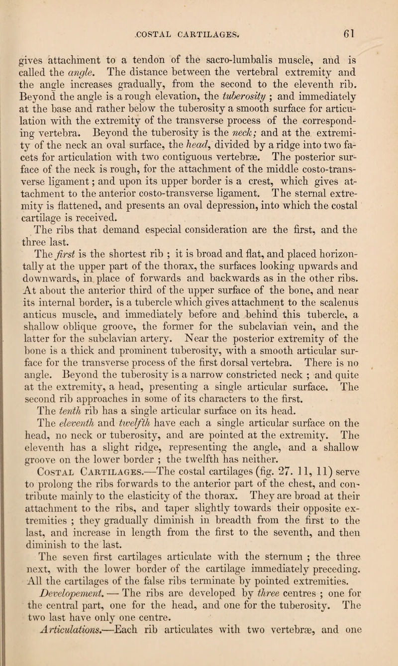 gives attachment to a tendon of the sacro-lumbalis muscle, and is called the angle. The distance between the vertebral extremity and the angle increases gradually, from the second to the eleventh rib. Beyond the angle is a rough elevation, the tuberosity ; and immediately at the base and rather below the tuberosity a smooth surface for articu¬ lation with the extremity of the transverse process of the correspond¬ ing vertebra. Beyond the tuberosity is the neck; and at the extremi¬ ty of the neck an oval surface, the head, divided by a ridge into two fa¬ cets for articulation with two contiguous vertebrae. The posterior sur¬ face of the neck is rough, for the attachment of the middle costo-trans- verse ligament; and upon its upper border is a crest, which gives at¬ tachment to the anterior costo-transverse ligament. The sternal extre¬ mity is flattened, and presents an oval depression, into which the costal cartilage is received. The ribs that demand especial consideration are the first, and the three last. The first is the shortest rib ; it is broad and flat, and placed horizon¬ tally at the upper part of the thorax, the surfaces looking upwards and downwards, in place of forwards and backwards as in the other ribs. At about the anterior third of the upper surface of the bone, and near its internal border, is a tubercle which gives attachment to the scalenus anticus muscle, and immediately before and behind this tubercle, a shallow oblique groove, the former for the subclavian vein, and the latter for the subclavian artery. Near the posterior extremity of the bone is a thick and prominent tuberosity, with a smooth articular sur¬ face for the transverse process of the first dorsal vertebra. There is no angle. Beyond the tuberosity is a narrow constricted neck ; and quite at the extremity, a head, presenting a single articular surface. The second rib approaches in some of its characters to the first. The tenth rib has a single articular surface on its head. The eleventh and twelfth have each a single articular surface on the head, no neck or tuberosity, and are pointed at the extremity. The eleventh has a slight ridge, representing the angle, and a shallow groove on the lower border ; the twelfth has neither. Costal Cartilages.—The costal cartilages (fig. 27. 11, 11) serve to prolong the ribs forwards to the anterior part of the chest, and con¬ tribute mainly to the elasticity of the thorax. They are broad at their attachment to the ribs, and taper slightly towards their opposite ex¬ tremities ; they gradually diminish in breadth from the first to the last, and increase in length from the first to the seventh, and then diminish to the last. The seven first cartilages articulate with the sternum ; the three next, with the lower border of the cartilage immediately preceding. All the cartilages of the false ribs terminate by pointed extremities. Developement. — The ribs are developed by three centres ; one for the central part, one for the head, and one for the tuberosity. The two last have only one centre. Articulations.—Each rib articulates with two vertebrae, and one