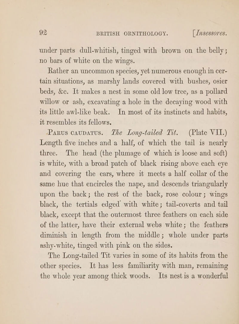 under parts dull-whitish, tinged with brown on the belly ; no bars of white on the wings. Rather an uncommon species, yet numerous enough in cer- tain situations, as marshy lands covered with bushes, osier beds, &amp;c. It makes a nest in some old low tree, as a pollard willow or ash, excavating a hole in the decaying wood with its little awl-like beak. In most of its instincts and habits, it resembles its fellows. Parvus caupatus. The Long-tailed Tit. (Plate VIL.) Length five inches and a half, of which the tail is nearly three. The head (the plumage of which is loose and soft) is white, with a broad patch of black rising above each eye and covering the ears, where it meets a half collar of the same hue that encircles the nape, and descends triangularly upon the back; the rest of the back, rose colour; wings black, the tertials edged with white; tail-coverts and tail black, except that the outermost three feathers on each side of the latter, have their external webs white; the feathers diminish in length from the middle; whole under parts ashy-white, tinged with pink on the sides. The Long-tailed Tit varies in some of its habits from the other species. It has less familiarity with man, remaining the whole year among thick woods. Its nest is a wonderful
