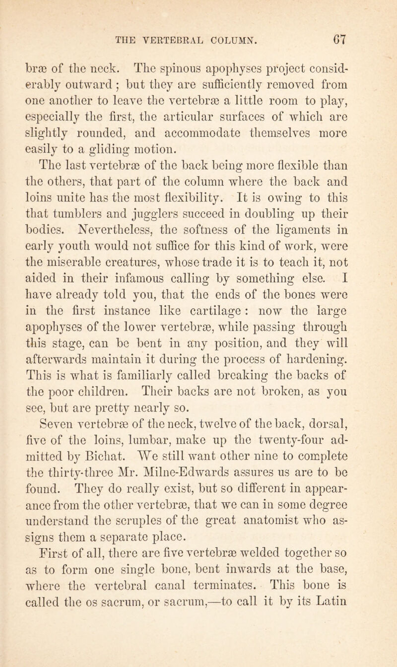 bræ of the neck. The spinous apophyses project consid¬ erably outward ; but they are sufficiently removed from one another to leave the vertebras a little room to play, especially the first, the articular surfaces of which are slightly rounded, and accommodate themselves more easily to a gliding motion. The last vertebras of the back being more flexible than the others, that part of the column where the back and loins unite has the most flexibility. It is owing to this that tumblers and jugglers succeed in doubling up their bodies. Nevertheless, the softness of the ligaments in early youth would not suffice for this kind of work, were the miserable creatures, whose trade it is to teach it, not aided in their infamous calling by something else. I have already told you, that the ends of the bones were in the first instance like cartilage : now the large apophyses of the lower vertebræ, while passing through this stage, can be bent in any position, and they will afterwards maintain it during the process of hardening. This is what is familiarly called breaking the backs of the poor children. Their backs are not broken, as you see, but are pretty nearly so. Seven vertebræ of the neck, twelve of the back, dorsal, five of the loins, lumbar, make up the twenty-four ad¬ mitted by Bichat. We still want other nine to complete the thirty-three Mr. Milne-Edwards assures us are to be found. They do really exist, but so different in appear¬ ance from the other vertebræ, that we can in some degree understand the scruples of the great anatomist who as¬ signs them a separate place. First of all, there are five vertebræ welded together so as to form one single bone, bent inwards at the base, where the vertebral canal terminates. This bone is called the os sacrum, or sacrum,—to call it by its Latin