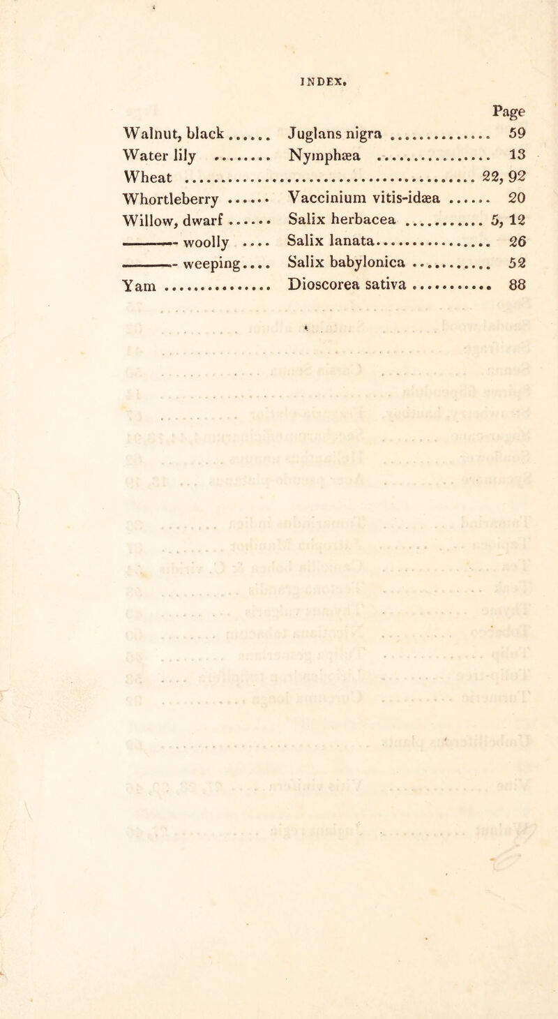 Walnut, black Water lily Wheat Whortleberry Willow, dwarf —— woolly . •. • — weeping.... Yam Page Juglans nigra 59 Nymphaea 13 22, 92 Vaccinium vitis-idsea ...... 20 Salix herbacea 5, 12 Salix lanata. 26 Salix babylonica 52 Dioscorea sativa 88
