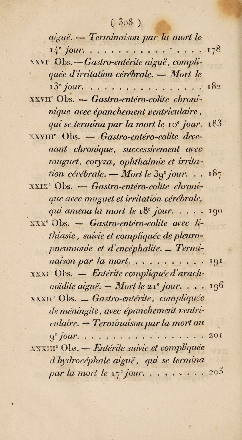 aigue. — Terminaison par la mort le i4e jour.178 XXVIe Obs.—Castro-entérite aiguë, compli¬ quée d’irritation cérébrale. — Mort le iô* jour.* . ..182 xxvii0 Obs. — Gastro-entéro-colite chroni- nique avec épanchement ventriculaire, qui se termina par la mort le 10e jour. i83 xxviii6 Obs. — Gastro-entéro-colite deve¬ nant chronique, successivement avec muguet, coryza, ophthalmie et irrita¬ tion cérébrale.— Mort le 89e jour. . . 187 xxixe Obs. — Gastro-entéro-colite chroni¬ que avec muguet et irritation cérébrale, qui amena la mort le 18e jour. . . . . 190 xxxe Obs. — Gastro-entéro-colite avec h- thiasie, suivie et compliquée de pleuro¬ pneumonie et d’encéphalite. — Termi¬ naison par la mort. ..........191 xxxi° Obs. — Entérite compliquée d’arach- ndidite aiguë* — Mort le 21e jour. . . . 196 xxxiie Obs. — Gastro-entérite, compliquée de méningite, avec épanchement ventri¬ culaire. — Terminaison par la mort au 9ejour.. ..201 xxxin6 Obs. — Entérite suivie et compliquée d hydrocéphale aiguë, qui se termina par ta mort le 17e jouré .♦*..»** /