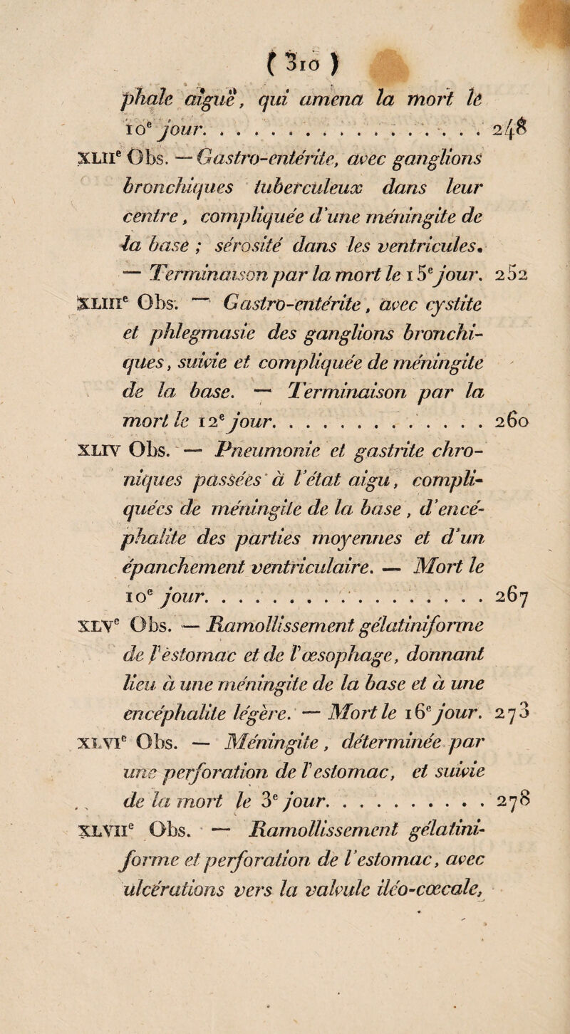 t 3io ) , . «» * phale aigue, qui amena la mort îê J y to* jour.. 24$ XLlie Obs. — Gastro-entérite, avec ganglions bronchiques tuberculeux dans leur centre , compliquée d'une méningite de la base ; sérosité dans les ventricules• — Terminaison par la mort le 1 Séjour. 252 $xnxe Obs. Gastro-entérite, avec cystite et phlegmasie des ganglions bronchi¬ ques , suivie et compliquée de méningite de la base. — Terminaison par la mort le 12e jour.. 260 xliy Obs. — Pneumonie et gastrite chro¬ niques passées*à létat aigu, compila quées de méningite de la base , d’encé¬ phalite des parties moyennes et d'un épanchement ventriculaire. — Moi't le 10e jour. ..267 XLYC Obs. —Ramollissement gélatinijorme de V estomac et de t œsophage, donnant lieu à une méningite de la base et à une encéphalite légère. — Mort le 16 * jour. 270 xi vic Obs. — Méningite, déterminée par une perforation de T estomac, et suivie de la mort le 3e jour.278 XLVIIe Obs. — Ramollissement gélatini- forme et perforation de l'estomac, avec ulcérations vers la valvule iléo-cœcale,