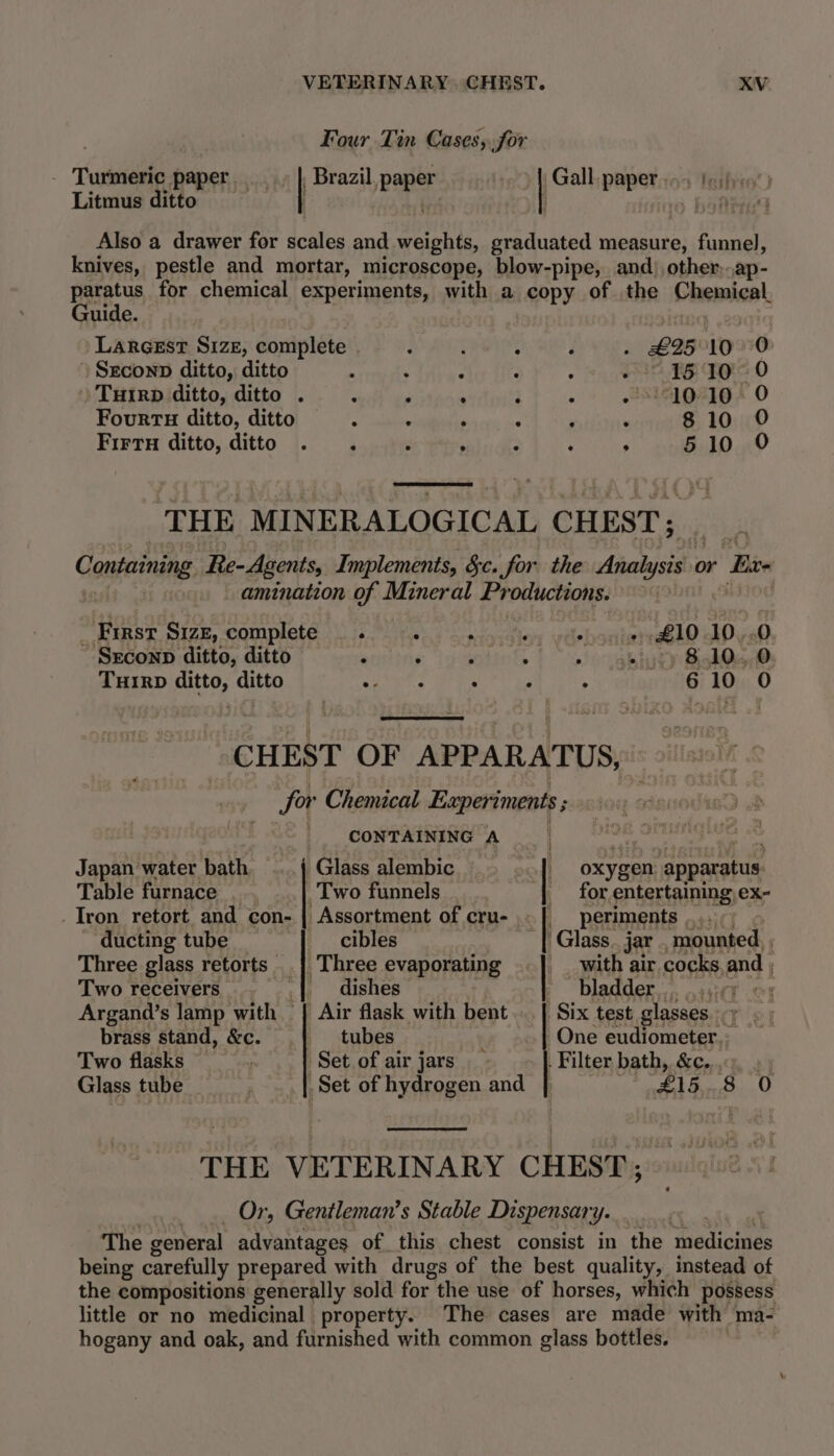 Four Tin Cases,for - Turmeric paper _. Brasil, pages Gall. paper.) tein’) Litmus ditto | . han Also a drawer for scales and ar 3 graduated measure, funnel, knives, pestle and mortar, microscope, blow-pipe, and) other..ap- paratus for chemical experiments, with a copy of the Chemical, Guide. Largest Size, complete dP R By BM Do RBG ORI ) SEconD ditto, ditto ‘ : 15 10°. 0 Tuirp ditto, ditto . f : . } : - 10-10. 0 Fourtu ditto, ditto ; : , : 810 0 FirtuH ditto, ditto . . ; ; ; 9 510 90 THE MINERALOGICAL CHEST; Containing Re- Agents, Implements, &amp;c..for. the EY 5 or yom amination of Mineral Productions. : ne SIZ CODUMCLE 2 is heed SratinceMloie «rihel + £10 10. 0. SEconp ditto, ditto . F e 4 . i iik 8.10... 0. 6 10 0 TurRpD ditto, ditto Rn cit : 7 : CHEST OF APPARATUS, for Chemical Experiments ; ; CONTAINING A Japan water bath Glass alembic oxyepia apparatus Table furnace Two funnels for entertaining ex- _Tron retort and con- | Assortment of cru- periments |). ( ducting tube _ cibles | Glass. jar mounted, Three glass retorts | Three evaporating | _ with air cocks, and | Two receivers : dishes bladder... wait of Argand’s lamp with | Air flask with bent | Six test glasses ~~ brass stand, &amp;c. | tubes One eudiometer, Two flasks. Set of air jars . Filter bath, &amp;c, ) Glass tube Set of hydrogen and | “£15 8 0 THE VETERINARY CHEST; Or, Gentleman’s Stable Dispensary. The general advantages of this chest consist in the medicines being carefully prepared with drugs of the best quality, instead of the compositions generally sold for the use of horses, which possess little or no medicinal property. The cases are made with ma- hogany and oak, and furnished with common glass bottles.