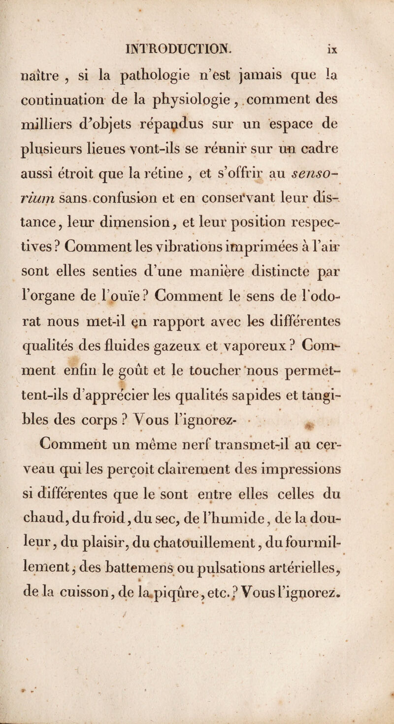 naître , si la pathologie n’est jamais que la continuation de la physiologie, comment des milliers d^objets répandus sur un espace de plusieurs lieues vont-ils se réunir sur un cadre aussi étroit que la rétine , et s’offrir au senso- rium sans confusion et en conservant leur dis¬ tance, leur dimension, et leur position respec¬ tives ? Comment les vibrations imprimées à l’air sont elles senties d’une manière distincte par l’organe de l’ouïe? Comment le sens de l'odo¬ rat nous met-il en rapport avec les différentes qualités des fluides gazeux et vaporeux ? Com¬ ment enfin le goût et le toucher nous permet¬ tent-ils d’apprécier les qualités sapides et tangi- * . • • blés des corps ? Vous l’ignoroz- • ^ Comment un même nerf transmet-il au cer¬ veau qui les perçoit clairement des impressions si différentes que le sont entre elles celles du chaud, du froid, du sec, de l’humide, de la dou¬ leur, du plaisir, du chatouillement, du fourmi!- s i lement, des battemens ou pulsations artérielles, <► de la cuisson, de la piqûre, etc.? Vous l’ignorez.