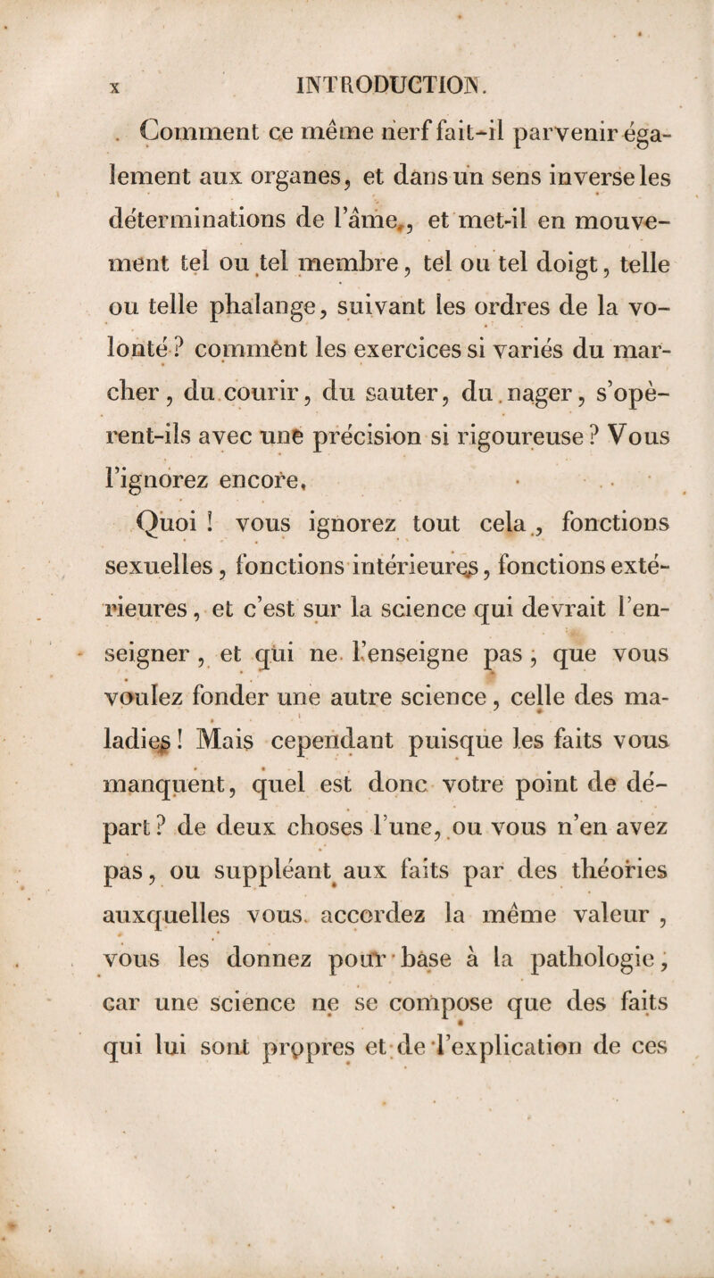 Comment ce même nerf fait—il parvenir éga¬ lement aux organes , et dans un sens inverse les déterminations de l’âme,, et met-il en mouve¬ ment tel ou tel membre, tel ou tel doigt, telle ou telle phalange, suivant les ordres de la vo- • * lonté ? commênt les exercices si variés du mar- * • cher, du courir, du sauter, du nager, s’opè¬ rent-ils avec une précision si rigoureuse? Vous l’ignorez encore. Quoi ! vous ignorez tout cela , fonctions sexuelles, fonctions intérieure^, fonctions exté¬ rieures, et c’est sur la science qui devrait l’en¬ seigner , et qui ne l’enseigne pas , que vous • . voulez fonder une autre science, celle des ma- 7 « ladie^ ! Mais cependant puisque les faits vous manquent, quel est donc votre point de dé¬ part? de deux choses l une, ou vous n’en avez pas, ou suppléant, aux faits par des théories auxquelles vous, accordez la même valeur , vous les donnez pour base à la pathologie, car une science ne se compose que des faits qui lui sont propres et de l’explication de ces