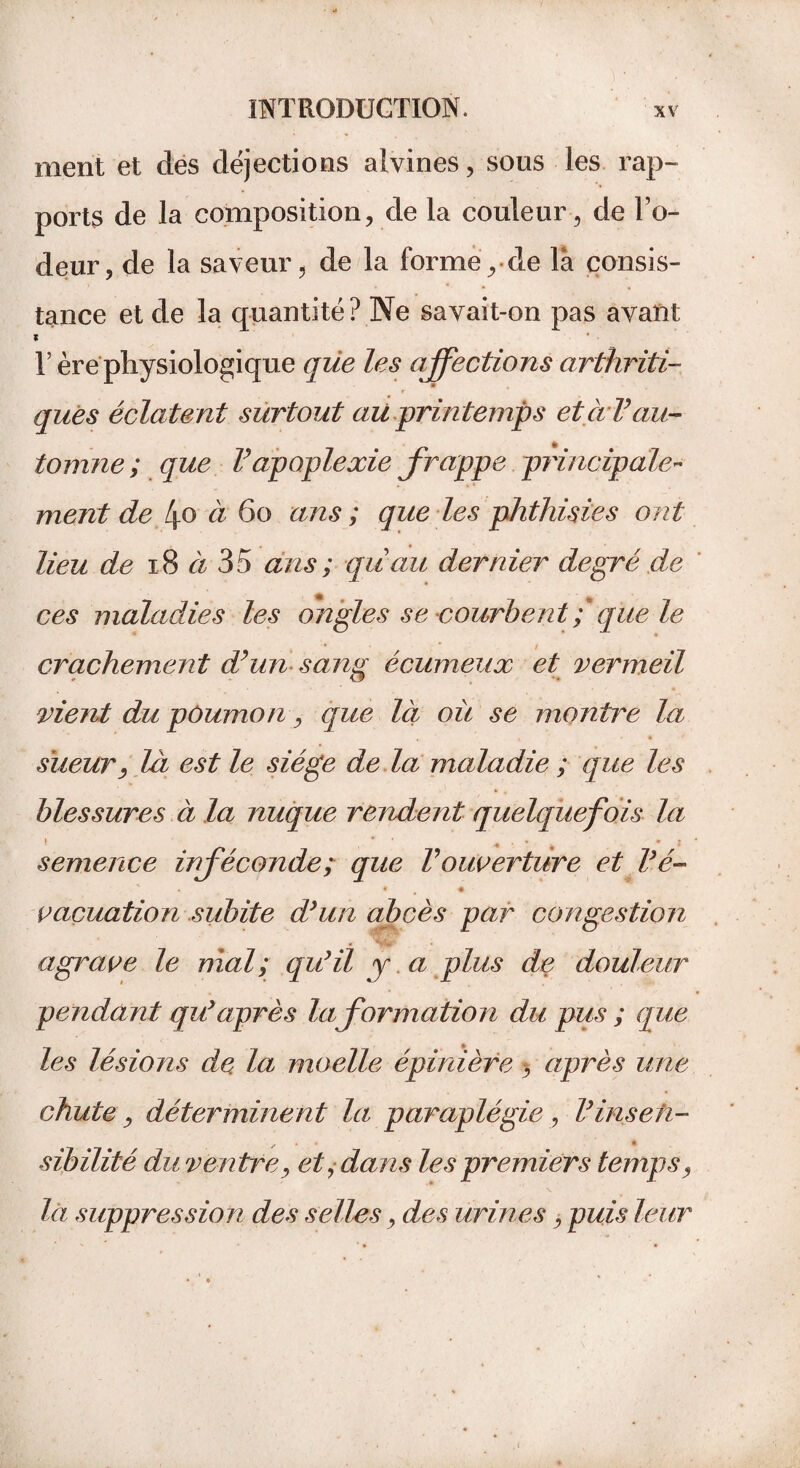 ment et des déjections aivines, sous les rap¬ ports de la composition, de la couleur, de Fo- deur, de la saveur, de la forme, de là consis¬ tance et de la quantité? Ne savait-on pas avant * Y ère physiologique que les affections arthriti¬ ques éclatent surtout au prin temps et à V au¬ tomne; que Vapoplexie frappe principale¬ ment de 4o à 60 ans ; que les phthisies ont lieu de 18 à 35 ans ; qu au dernier degré de ces maladies les ongles se courbent ; que le crachement d’un sang écumeux et vermeil vient du pùumon, que là où se montre la . i * % * sïieur, là est le siège de la maladie ; que les blessures à la nuque rendent quelquefois la semence inféconde; que Vouverture et Vé- * • • vacuation subite d’un abcès par congestion a grave le niai; qu’il y a plus de douleur pendant qu’ après la formation du pus ; que les lésions de. la moelle épinière $ après une chute, déterminent la paraplégie, Vinsen¬ sibilité du ventre, et, dans les premiers temps, la suppression des selles, des urines, puis leur