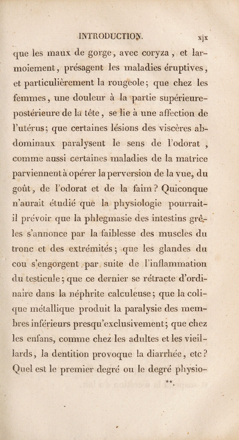 xjx que les maux de gorge , avec coryza , et lar¬ moiement , présagent les maladies éruptives, et particulièrement la rougeole ; que chez les femmes, une douleur à la partie supérieure- postérieure de la tête , se lie à une affection de l’utérus; que certaines lésions des viscères ab¬ dominaux paralysent le sens de Fodorat , comme aussi certaines maladies de la matrice parviennent à opérer la perversion de la vue, du goût, de Fodorat et de la faim ? Quiconque n’aurait étudié que la physiologie pourrait- il prévoir que la phlegmasie des intestins grê¬ les s’annonce par la faiblesse des muscles du tronc et des extrémités ; que les glandes du cou s’engorgent par suite de l’inflammation du testicule 5 que ce dernier se rétracte d’ordi¬ naire dans la néphrite calculeuse ; que la coli- / que métallique produit la paralysie des mem¬ bres inférieurs presqu’exclusivement ; que chez les enfans, comme chez les adultes et les vieil¬ lards , la dentition provoque la diarrhée, etc ? Quel est le premier degré ou le degré physio- rt* b