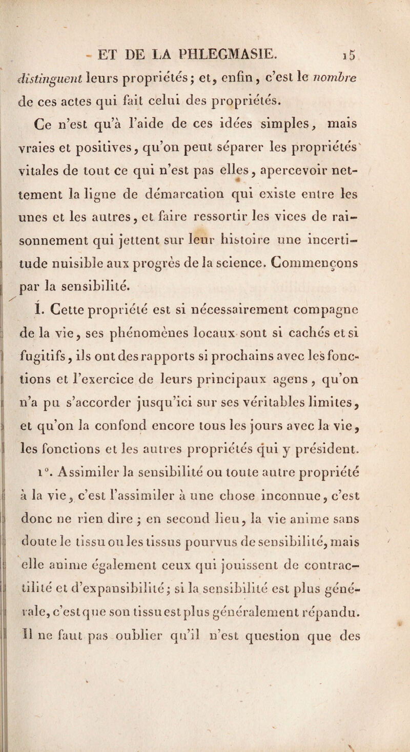 distùiguejit leurs propriétés; et, enfin, c’est le nombre de ces actes qui fait celui des propriétés. Ce n’est qu’à l’aide de ces idées simples, mais vraies et positives, qu’on peut séparer les propriétés' vitales de tout ce qui n’est pas elles, apercevoir net- '■ tement la ligne de démarcation qui existe entre les unes et les autres, et faire ressortir les vices de rai- sonnement qui jettent sur leur histoire une incerti¬ tude nuisible aux progrès de la science. Commençons par la sensibilité. r 1. Cette propriété est si nécessairement compagne de la vie, ses phénomènes locaux sont si cachés et si fugitifs, ils ont des rapports si prochains avec les fonc* lions et l’exercice de leurs principaux agens, qu’on n’a pu s’accorder jusqu’ici sur ses véritables limites, et qu’on la confond encore tous les jours avec la vie, les fonctions et les autres propriétés qui y président. i°. Assimiler la sensibilité ou toute autre propriété à la vie, c’est l’assimiler à une chose inconnue, c’est donc ne rien dire ; en second lieu, la vie anime sans doute le tissu ouïes tissus pourvus de sensibilité, mais elle anime également ceux qui jouissent de contrac¬ tilité et d’expansibilité ; si la sensibilité est plus géné¬ rale, c’est que son tissu est plus généralement répandu. Il ne faut pas oublier qu’il n’est question que des