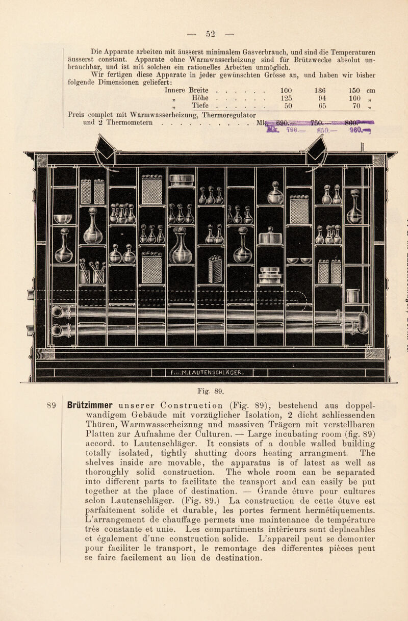 Die Apparate arbeiten mit äusserst minimalem Gasverbrauch, und sind die Temperaturen äusserst constant. Apparate ohne Warmwasserheizung sind für Brützwecke absolut un¬ brauchbar, und ist mit solchen ein rationelles Arbeiten unmöglich. Wir fertigen diese Apparate in jeder gewünschten Grösse an, und haben wir bisher folgende Dimensionen geliefert: Innere Breite ...... 100 136 150 cm „ Höhe. 125 94 100 „ „ Tiefe. 50 65 70 * 89 Fig. 89. Brützimmer unserer Construction (Fig. 89), bestehend aus doppel¬ wandigem Gebäude mit vorzüglicher Isolation, 2 dicht schliessenden Thüren, Warmwasserheizung und massiven Trägern mit verstellbaren Platten zur Aufnahme der Culturen. — Large incubating room (fig. 89) accord. to Lautenschläger. It consists of a double walled building totally isolated, tightly shutting doors heating arrangment. The shelves inside are movable, the apparatus is of latest as well as thoroughly solid construction. The whole room can be separated into different parts to facilitate the transport and can easily be put together at the place of destination. — Grande etuve pour cultures selon Lautenschläger. (Fig. 89.) La construction de cette etuve est parfaitement solide et durable, les portes ferment hermetiquements. L'arrangement de chauffage permets une maintenance de temperature tres constante et unie. Les compartiments interieurs sont deplacables et egalement d’une construction solide. L’appareil peut se demonter pour faciliter le transport, le remontage des differentes pieces peut se faire facilement au lieu de destination.