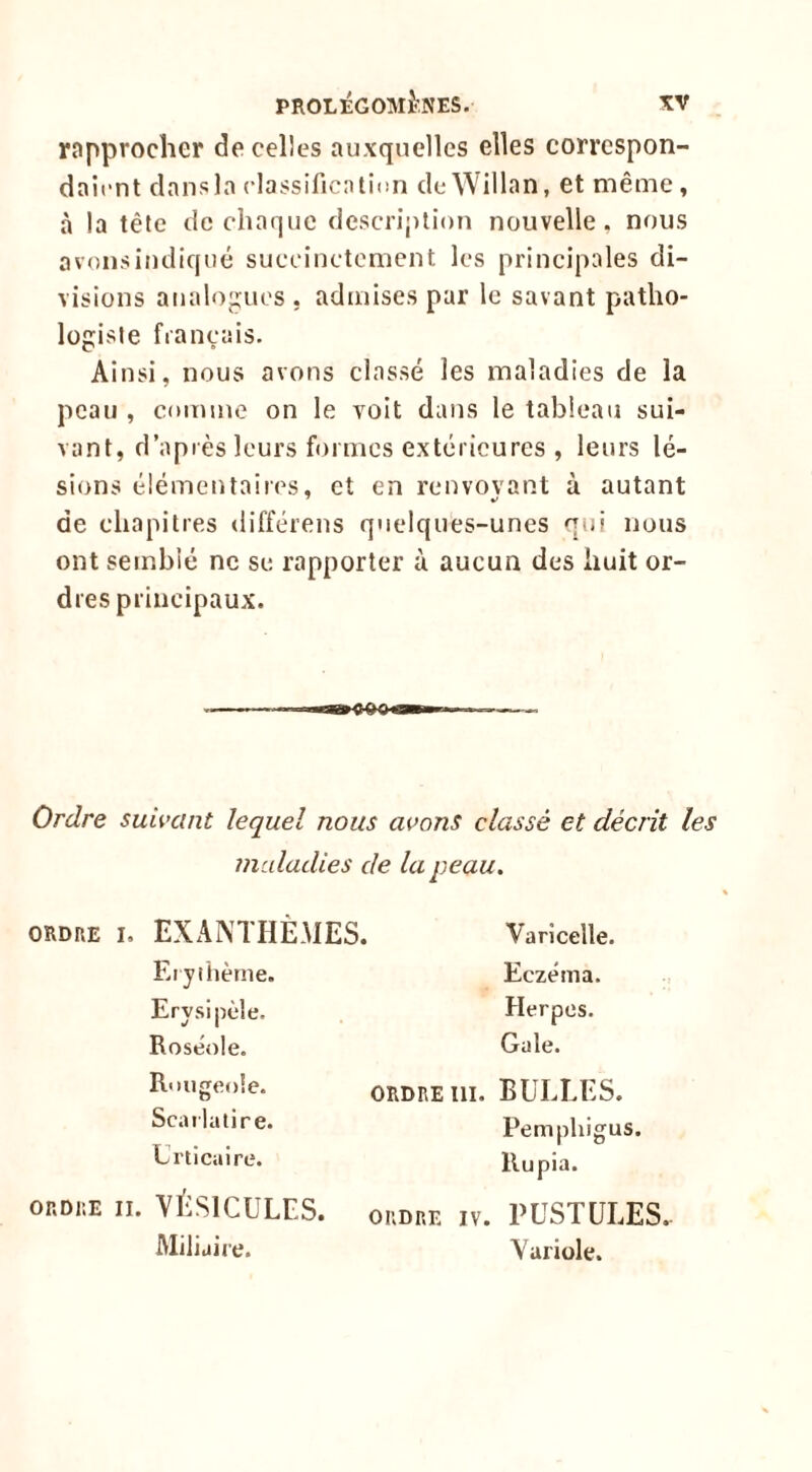 rapprocher de celles auxquelles elles correspon- daient dans la classificntien de Willan, et même , à la tête de chaque description nouvelle, nous avons indiqué succinctement les principales di- visions analoj^ues , admises par le savant patho- logiste français. Ainsi, nous avons classé les maladies de la peau , comme on le voit dans le tableau sui- vant, d’après leurs formes extérieures , leurs lé- sions élémentaires, et en renvovant à autant de chapitres différens quelques-unes qui nous ont semblé ne se rapporter à aucun des huit or- dres principaux. Ordre suivant lequel nous avons classé et décrit les maladies de la peau. ORDRE I. EXANTHÈMES. Erythème. Erysipèle. Roséole. Rougeole. Scai lalire. Urticaire. ORDRE II. VÉSICULES. Miliaire. Varicelle. Eczéma. Herpes. Gale. ORDRE ni. BULLES. Pemphigus. Rupia. ORDRE IV. PUSTULES. Variole.
