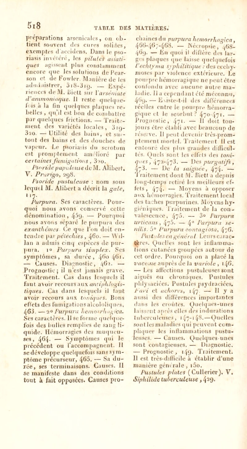 préparations arsrnioalcs, on ob- tient souvent des enies solides, exemptes d'aecidens. Dans le pso- riasis irnéléni, les pilules asiati- ques ai’issent pins efnistaninient encore ((ue lessolnlions de Pear- son et de Fowler. Manière de les aibniiiislrer, 3uS-diy. — Expé- riences ileM. biett sur Varsemate d’antino/ilnque. Il reste epielipie- lois à la fin ipiebpics plaijnes re- belles , f|ii’il est bon de cunibatlrc par qnebines Irictions. — 'l’raiti'- iiieiit des variétés locales, Jiq- 3‘io. —Utilité des bains, etsin- tont des bains et des donehes de vapeur. Le psoriai-is dn sciotnm est promptement ainédioré par cei laines funiigiitioiis , 3'>ü. PsoridepapuleuseAhhcvl, V. Prurigo, 298. l’soride pustuleuse : nom sons lequel AI. Alibert a décrit la gale, 117. Purpura. Scs caractères. Pour- quoi rions avons conserré cette dénomination , 459- — Pourquoi nous avons séparé le purpnia des exanthèmes Ce que l’on doit en- tendre par pe'/ec/nes , 460. — \\ il- lan a admis cinq espèces de jnir- ]inia. 10 Purpura simplex. Scs symptômes, sa durée, 4^*'^ 4^’'- — Causes. Diap.nostic, t\6’.. — Prognostie; il n’est jamais grave. Traitement. Cas dans lesqiu Is il faut avoir recours aux «n.'ép/t/oi'i.s- tiques. Cas dans lesquels il tant avoir recours aux toniques. Bons effets des fumigations alcololi(|Ui's, 463. —10 l'urpnra henim rhugica. Ses caractères. Il se forme quelque- fois des bulles remplies île sang li- quide. Hémorragies des muqueu- ses, 464- — Symptômes qui le précédent ou l’accompiagnent. 11 scdévcloppe quelcpicfois sanssym- ptôme précurseur, 465. — Sa du- rée, ses terminaisons. Causes. 11 se manifeste dans des conditions tout à fait opposées. Causes pio- cliaines dn purpura hcmorrhngica, 466-.j6;-468. — ISéeropsie, i|68- 469. — En (juoi il diflèrc des lar- ges plaques qui; laisse quelquefois L’echtynia syphililiiiue. : des ccclij'- nioses par violence extérieure. Le pourpre hémorragique ne peut être conlonilu avec aucune autre ma- ladie. Il a ccpenilant élé méconnu, 469. — Eiiste-t-il des diflérences réelles entre le pourpre hémorra- gique it le scorbut '.’ 470-471. — Prognoslic, 47>- — H <loit tou- jours être établi avec beaucoup de réserve. Il peut devenir très-prom- ptement mortel. Traitement II est enlorrre des pirrs grandes dillicul- tés. Ouels sont les effets des loni- ques , 473-473. — Des purgatifs , 473. — De la saignée, 474- — 'J raitement dont Al. Bictf a depuis long-temps retiré b'S nreilleurs ef- fets , 474- — Aloyens à opposer airx bérnorragics. 'rraitement local des taches prrr purines. Aloyens liy- giéniqrtes. 1 raitement de la con- valescenec, 475. — 3» Purpura urlicans , 475. — 4“ Purpura se- niliS. 5° Purpura contagiosa, 476. Pustule.'! en général Lctrrs car ac- téres. Quelles sont les intlamma- lions cittarées groirpées autoiri- ne cet ordre. Poitrqiroi on a placé la vacane arrprès de la variole , 146. — Les affections |instuleuses sont aigrtës ou clrroni([ires. Pustirles pirlysaciées. Pirstirles psyilraeiées, j'in'i et avhores, r47 — 11 y a arrssi des différences importantes darrs les crirr'rtes. Ouelqaes-uites laissent après elles des iirdirratiorrs I trberctrierrses , 147-1 — Oirclles sont lesmaladies rjiri peuvent com- pli(|rter les irtflammaliotrs pirstu- ierrses. — Causes. Quelques irnes sont eontagieuses. — Dragnostic. — Prognoslic, 1.49. Traitement. II est très-drflicile à établir d’une manière générale, i5o. Pustules plates ( Cirllerier). V. Siphiiule tuherculeuse, 429.