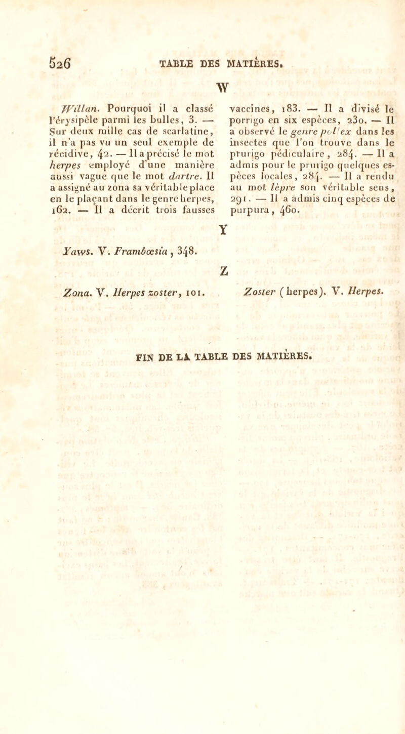 \Y Willan. Pourquoi il a classé rérj'sipèle parmi les bulles, 3. — Sur lieux mille cas île scarlatine, il n’a pas vu un seul exemple de récidive, — lia précisé le mot herpes employé d’une manière aussi vague que le mot dartre. Il a assigné au zona sa véritable place en le plaçant dans le genre herpes, 162. — Il a décrit trois fausses Yaws. V. Framùœsia , 348. Zona. V. Herpes zoster, 101. vaccines, i83. — Il a divisé le porrigo en six especes, aSo. — Il a observé le genre pot’ex dans les insectes ipic l’on trouve dans le pni rigo pédiculaire, 284. —11 a admis pour le priiiigo quelques es- pèces locales, 284- — 11 a rendu au mot lèpre son véritable sens, 2qi. — 11 a admis cinq espèces de purpura, 460. Y Z Zoster (berpes). V. Herpes. FIN DE LA TABLE DES MATIERES