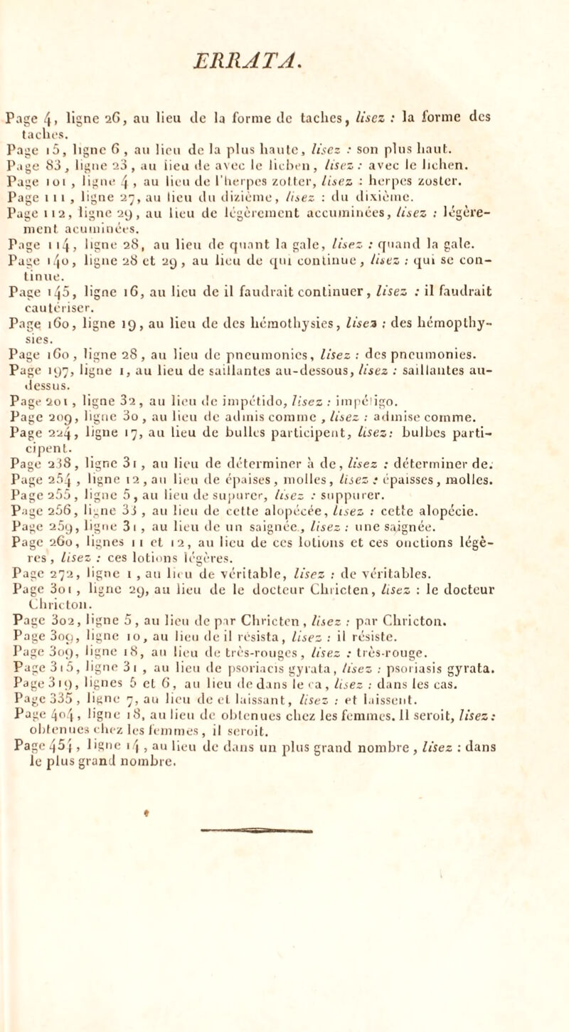 ERRATA. Page 4> ligne iG, au lieu de la forme de taches, lisez : la forme des taches. Page i5, ligne 6 , au lieu de la plus haute, lisez : son plus haut. Page 83, ligne 20 , au lieu de avec le lichen, lisez : avec le lichen. Page 101 , ligue 4 > au lieu de l’iierpes zolter, lisez ; herpès zoster. Page 111, ligne 2';, au lieu du dizième, lisez : du dixième. Page 112, ligne 2y, au lieu de Icgèrcment acciiminées, lisez : légère- ment acumitiées. Page 1 i4) ligne 28, au lieu de rpiant la gale, lisez ; f[nand la gale. Page 140, ligne 28 et 29 , au lieu de cjni continue , lisez ; qui se con- tinue. Page 145, ligne 16, au lieu de il faudrait continuer, lisez : il faudrait cautériser. Page 160, ligne 19, au lieu de des hémothysies, lisez ; des hémoplhy- sies. Page iGo, ligne 28, au lieu de pneumonies, lisez : des pneumonies. Page 197, ligne 1, au lieu de saillantes au-dessous, lisez : saillantes au- dess us. Page 201 , ligne 32 , au lien de impetido, lisez ; impéligo. Page 209, ligne 3o , au lieu de admis comme , lisez : admise comme. Page 224, ligne 17, au lieu de bulles participent. Usez: bulbes parti- cipent. Page 238, ligne 3i , an lieu de déterminer à de, lisez : déterminer de; Page 2.34 , ligne 12, an lieu de cpaises, molles, lisez : épaisses, molles. Page 255, ligne 5 , au lieu de supurcr, lisez : snppu rer. Page 256, ligne 3i , au lieu de cette alopécée, Usez : cetle alopécie. Page 259, ligne 3i , au lieu de un saignée, lisez : une saignée. Page 2G0, lignes 11 et 12, au lieu de ces lotions et ces onctions légè- res, lisez : ces lotions légères. Page 272, ligne i , au lieu de véritable, lisez : de véritables. Page 3oi , ligne 29, au lieu de le docteur Chriclen, Usez : le docteur Cdirictoii. Page 3o2, ligne 5, au lieu de par Chricten, lisez ; par Chricton. Page 309, ligne 10, au lieu de il résista, lisez : il résiste. Page 309, ligne 18, an lieu de très-rouges, lisez : très-rouge. Page 3i5, ligne 3i , au lieu de psoriacis gyrata, lisez ; psoriasis gyrata. Page 3 19, lignes 5 et 6, au lieu de dans le ca, Usez ; dans les cas. Page 335 , ligne 7, au lieu de cl laissant, lisez ; et bussent. Page 404 , ligne 18, au lieu de obtenues chez les femmes. 11 seroit, lisez: obtenues chez les femmes , il seroit. Page 455, ligne 14 , au lieu de dans un plus grand nombre , lisez : dans le plus grand nombre. *