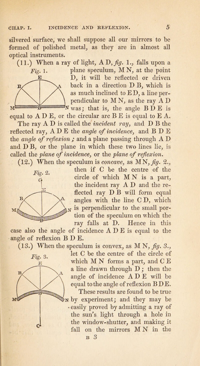 Fig. 2. silvered surface_, we shall suppose all our mirrors to be formed of polished metal_, as they are in almost all optical instruments. (11.) When a ray of light, KT>,jig. 1., falls upon a Fig. 1. plane speculum, M N, at the point E D, it wiU be reflected or driven back in a direction D B, which is as much inclined to E D, a line per- pendicular to M N, as the ray A D '^was; that is, the angle BDE is equal to A D E, or the circular arc B E is equal to E A. The ray A D is called the incident ray, and D B the reflected ray, A D E the angle of incidence, and BDE the angle of reflexion ; and a plane passing through A D and D B, or the plane in which these two lines lie, is called the plane of incidence, or the plane of reflexion. (12.) When the speculum is concave, as MN, j%. 2., then if C be the centre of the circle of which M N is a part, the incident ray A D and the re- flected ray D B will form equal angles with the line C D, which jj- is perpendicular to the small por- tion of the speculum on which the ray falls at D. Hence in this case also the angle of incidence A D E is equal to the angle of reflexion BDE. (13.) When the speculum is convex, as M N, flg. 3., let C be the centre of the circle of which M N forms a part, and C E a line drawn through D; then the angle of incidence A D E will be equal to the angle of reflexion BDE. These results are found to be true N by experiment; and they may be - easily proved by admitting a ray of the sun’s light through a hole in the window-shutter, and making it fall on the mirrors M N in the B 3 Fig. K