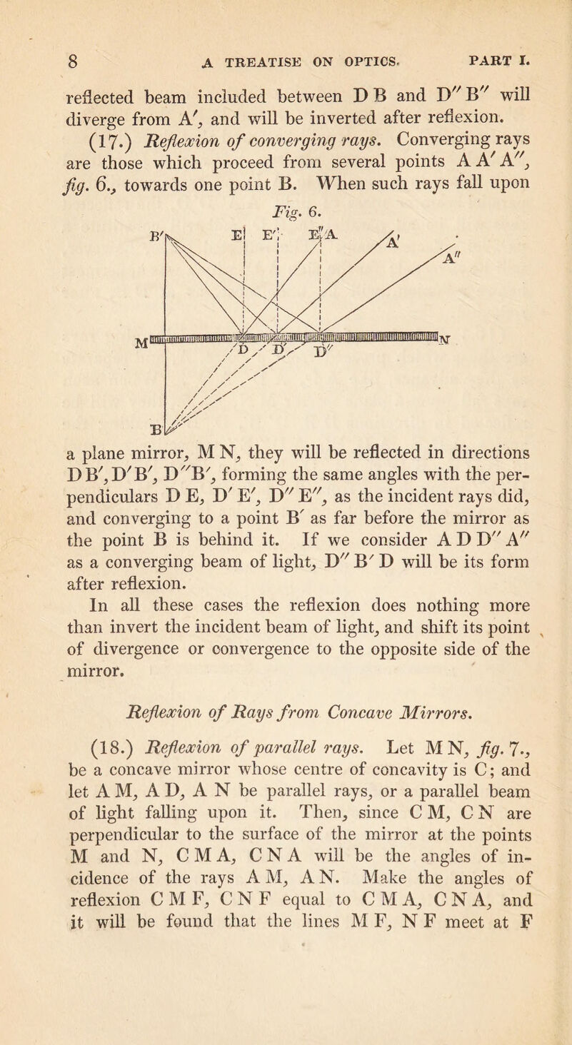 reflected beam included between D B and will diverge from A', and will be inverted after reflexion. (17.) Refleocion of converging rays. Converging rays are those which proceed from several points A A' h!'^ fig. 6., towards one point B. When such rays fall upon Fig. 6. a plane mirror, M N, they will be reflected in directions DB'’,D''B', D^^B'', forming the same angles with the per- pendiculars D E, D' E', El', as the incident rays did, and converging to a point B' as far before the mirror as the point B is behind it. If we consider A D E> A as a converging beam of light, E) B' D will be its form after reflexion. In aU these cases the reflexion does nothing more than invert the incident beam of light, and shift its point of divergence or convergence to the opposite side of the mirror. Refieocion of Rays from Concave Mirrors. (18.) Refieocion of parallel rays. Let M N, 7-:, be a concave mirror whose centre of concavity is C; and let A M, A D, A N be parallel rays, or a parallel beam of light falling upon it. Then, since C M, C N are perpendicular to the surface of the mirror at the points M and N, C M A, C N A will be the angles of in- cidence of the rays AM, AN. Make the angles of reflexion C M F, CNF equal to C M A, C N A, and it win be found that the lines M F, N F meet at F