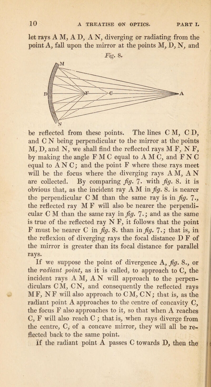 let rays A A D_, A N, diverging or radiating from the point A, fall upon the mirror at the points M_, D, and Fig. 8. and C N being perpendicular to the mirror at the points D, and N, we shall find the reflected rays M N F, by making the angle F M C equal to A M C, and F N C equal to AN C; and the point F where these rays meet will be the focus where the diverging rays A A N are collected. By comparing jig. 7* with jig. 8. it is obvious thatj as the incident ray A M in^^. 8. is nearer the perpendicular C M than the same ray is in jig. 7., the reflected ray M F will also be nearer the perpendi- cular C M than the same ray in jig. 7*; and as the same is true of the reflected ray N F_, it follows that the point F must be nearer C in jig. 8. than in^^r. 7*; that is^ in the reflexion of diverging rays the focal distance D F of the mirror is greater than its focal distance for parallel rays. If we suppose the point of divergence A, jig. 8., or the radiant point, as it is called, to approach to C, the incident rays A M, A N will approach to the perpen- diculars CM, CN, and consequently the reflected rays M F, N F will also approach to C M, CN; that is, as the radiant point A approaches to the centre of concavity C, the focus F also approaches to it, so that when A reaches C, F will also reach C ; that is, when rays diverge from the centre, C, of a concave mirror, they will all be re- flected back to the same point. If the radiant point A passes C towards D, then the