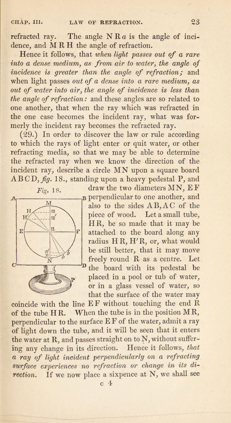 Fig. 1 8. refracted ray. The angle N R is the angle of inci- dence^ and M R H the angle of refraction. Hence it follows^ that when light passes out of a rare into a dense medium, as from air to water, the angle of incidence is greater than the angle of refraction; and when light passes out of a dense into a rare medium, as out of water into air, the angle of incidence is less than the angle of refraction: and these angles are so related to one another, that when the ray which was refracted in the one case becomes the incident ray, what was for- merly the incident ray becomes the refracted ray. (29.) In order to discover the law or rule according to which the rays of light enter or quit water, or other refracting media, so that we may be able to determine the refracted ray when we know the direction of the incident ray, describe a circle MN upon a square board ABCD,^^. 18., standing upon a heavy pedestal P, and draw the two diameters MN, E F ^ perpendicular to one another, and also to the sides AB,AC of the piece of wood. Let a small tube, HR, be so made that it may be attached to the board along any radius HR, H'R, or, what would be still better, that it may move freely round R as a centre. Let the board with its pedestal be placed in a pool or tub of water, or in a glass vessel of water, so that the surface of the water may coincide with the line EF without touching the end R of the tube HR. When the tube is in the position MR, perpendicular to the surface E F of the water, admit a ray of light down the tube, and it will be seen that it enters the water at R, and passes straight on to N, without suffer- ing any change in its direction. Hence it follows, that a ray of light incident perpendicularly on a refracting surface experiences no refraction or change in its di^ rection. If we now place a sixpence at N, we shall see c d