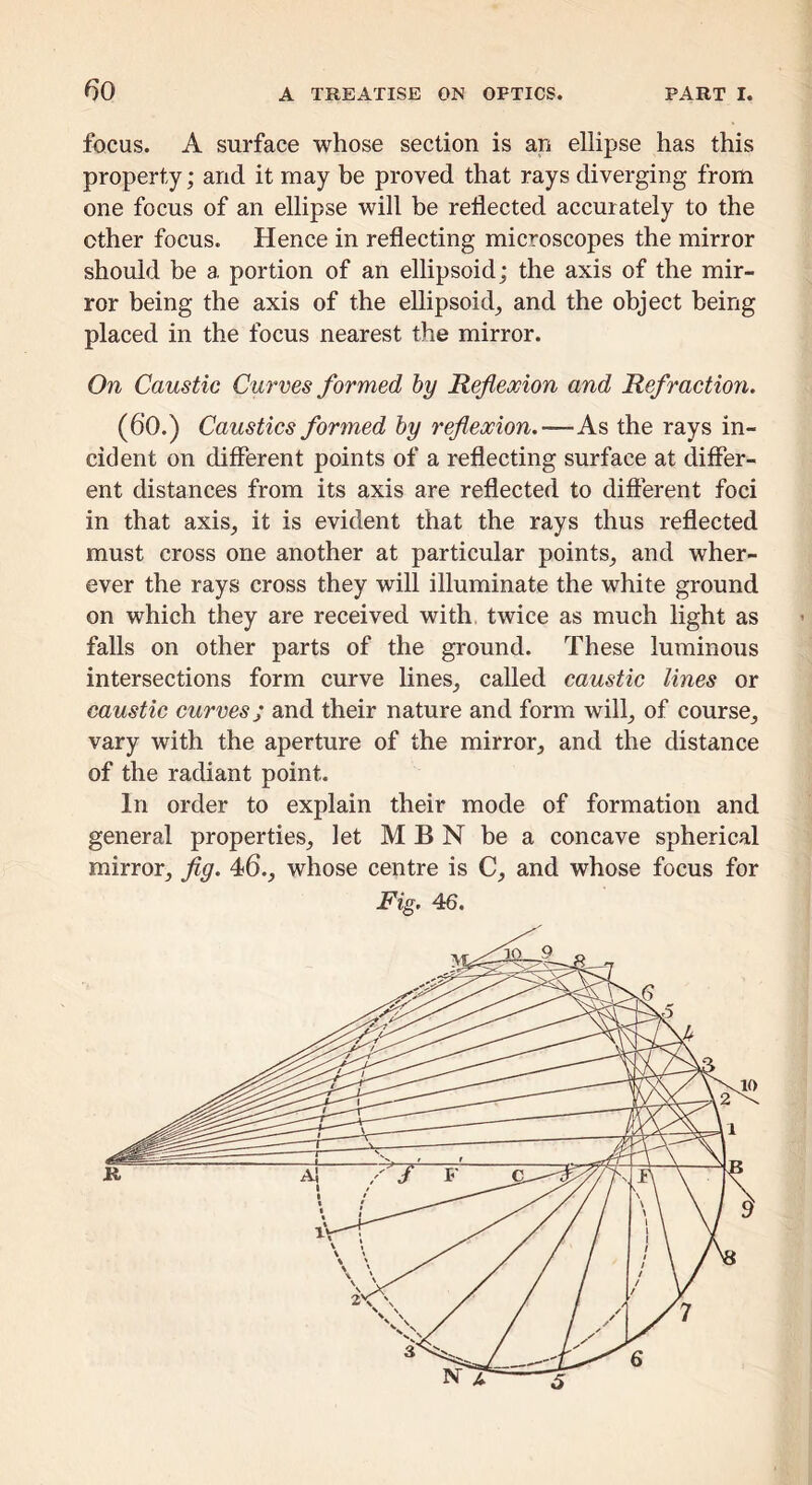 focus. A surface whose section is an ellipse has this property; and it may be proved that rays diverging from one focus of an ellipse will be reflected accurately to the ether focus. Hence in reflecting microscopes the mirror should be a portion of an ellipsoid; the axis of the mir- ror being the axis of the ellipsoid^ and the object being placed in the focus nearest the mirror. On Caustic Curves formed by Reflexion and Refraction. (60.) Caustics formed by reflexion.—As the rays in- cident on different points of a reflecting surface at differ- ent distances from its axis are reflected to different foci in that axis, it is evident that the rays thus reflected must cross one another at particular points, and wher- ever the rays cross they will illuminate the white ground on which they are received with, twice as much light as falls on other parts of the ground. These luminous intersections form curve lines, called caustic lines or caustic curves; and their nature and form will, of course, vary with the aperture of the mirror, and the distance of the radiant point. In order to explain their mode of formation and general properties, let M B N be a concave spherical mirror, fly. 46., whose centre is C, and whose focus for Fig, 46.