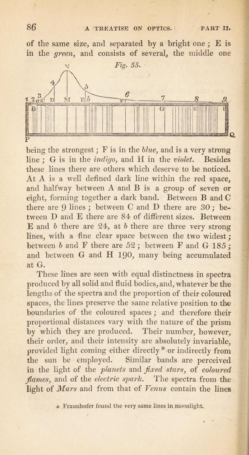 of the same size, and separated by a bright one ; E is in the green, and consists of several, the middle one Fig. 55. being the strongest; F is in the blue, and is a very strong line ; G is in the indigo, and H in the violet. Besides these lines there are others which deserve to be noticed. At A is a well defined dark line within the red space, and halfway between A and B is a group of seven or eight, forming together a dark band. Between B and C there are 9 lines ; between C and D there are SO; be- tween D and E there are 84 of different sizes. Between E and b there are 24, at b there are three very strong lines, with a fine clear space between the two widest; between b and F there are 52; between F and G 185; and between G and H I90, many being accumulated at G. These lines are seen with equal distinctness in spectra produced by all solid and fluid bodies, and, whatever be the lengths of the spectra and the proportion of their coloured spaces, the lines preserve the same relative position to the boundaries of the coloured spaces; and therefore their proportional distances vary with the nature of the prism by which they are produced. Their number^ however, their order, and their intensity are absolutely invariable, provided light coming either directly * or indirectly from the sun be employed. Similar bands are perceived in the light of the planets and fixed stars, of coloured fiames, and of the electric spark. The spectra from the light of Mars and from that of Venus contain the lines * Fraunhofer found the very same lines in moonlight