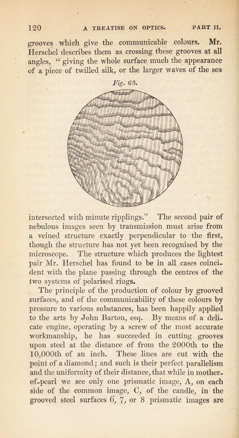 grooves which give the communicahie colours. Mr. Herschel describes them as crossing these grooves at all angles^ giving the whole surface much the appearance of a piece of twilled silk, or the larger waves of the sea Fig‘ 63. intersected with minute ripplings.” The second pair of nebulous images seen by transmission must arise from a veined structure exactly perpendicular to the firsts though the structure has not yet been recognised by the microscope. The structure which produces the lightest pair Mr. Herschel has found to be in all cases coinci- dent with the plane passing through the centres of the two systems of polarised rings. The principle of the production of colour by grooved surfaces_, and of the communicability of these colours by pressure to various substances^ has been happily applied to the arts by John Barton^ esq. By means of a deli- cate engine, operating by a screw of the most accurate workmanship, he has succeeded in cutting grooves upon steel at the distance of from the 2000th to the 10,000th of an inch. These lines are cut with the point of a diamond; and such is their perfect parallelism and the uniformity of their distance, that while in mother- of-pearl we see only one prismatic image. A, on each side of the common image, C, of the candle, in the grooved steel surfaces 6, 7^ or 8 prismatic images are