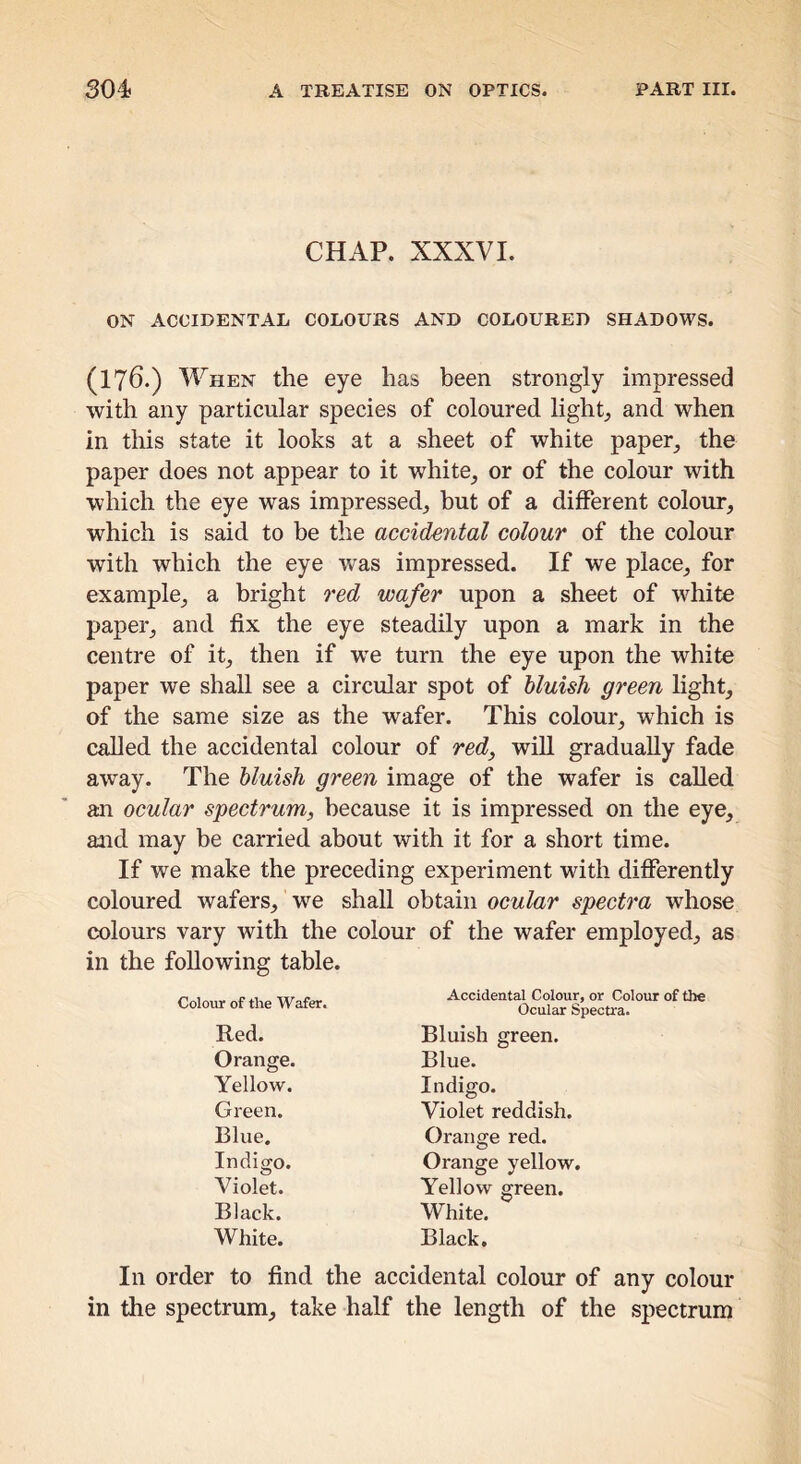 CHAP. XXXVI. ON ACCIDENTAL COLOURS AND COLOURED SHADOWS. (176.) When the eye has been strongly impressed with any particular species of coloured light, and. when in tliis state it looks at a sheet of white paper, the paper does not appear to it white, or of the colour with which the eye was impressed, but of a different colour, which is said to be the accidental colour of the colour with which the eye was impressed. If we place, for example, a bright red wafer upon a sheet of white paper, and fix the eye steadily upon a mark in the centre of it, then if w’e turn the eye upon the white paper we shall see a circular spot of bluish green light, of the same size as the wafer. This colour, w'hich is called the accidental colour of red, will gradually fade away. The bluish green image of the wafer is called an ocular spectrum, because it is impressed on the eye, and may be carried about with it for a short time. If we make the preceding experiment with diflferently coloured wafers, we shall obtain ocular spectra whose colours vary with the colour of the wafer employed, as in the following table. Colour of the Wafer. Red. Orange. Yellow. Green. Blue. Indigo. Violet. Black. White. In order to find the accidental colour of any colour in the spectrum, take half the length of the spectrum Accidental Colour, or Colour of the Ocular Spectra. Bluish green. Blue. Indigo. Violet reddish. Orange red. Orange yellow. Yellow green. White. Black.