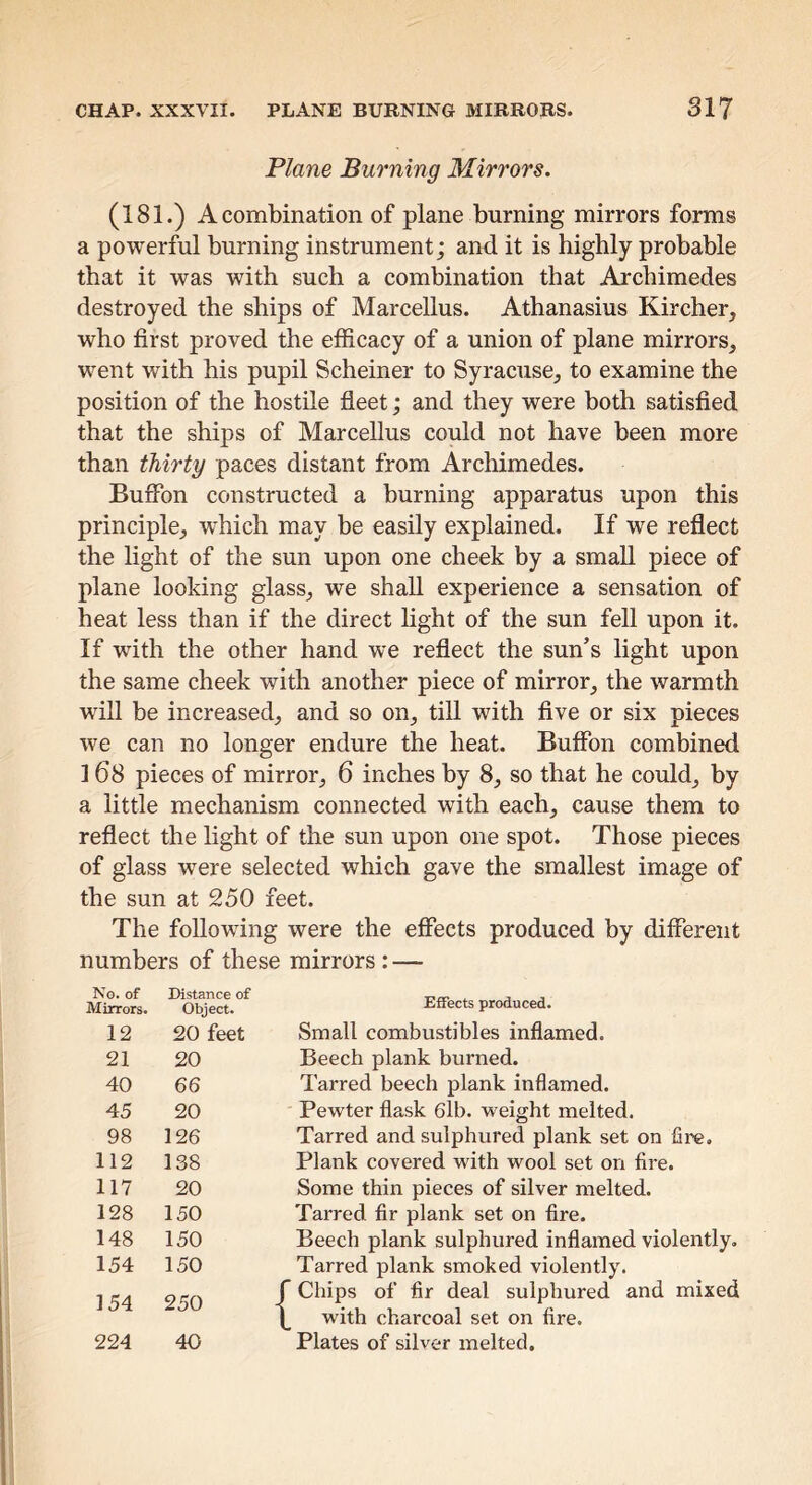 Plane Burning Mirrors. (181.) A combination of plane burning mirrors forms a powerful burning instrument; and it is highly probable that it was with such a combination that Archimedes destroyed the ships of Marcellus. Athanasius Kircher, who first proved the efficacy of a union of plane mirrors, went with his pupil Scheiner to Syracuse, to examine the position of the hostile fleet; and they were both satisfied that the ships of Marcellus could not have been more than thirty paces distant from Archimedes. Bufibn constructed a burning apparatus upon this principle, which may be easily explained. If we reflect the light of the sun upon one cheek by a small piece of plane looking glass, we shall experience a sensation of heat less than if the direct light of the sun fell upon it. If with the other hand we reflect the sun’s light upon the same cheek with another piece of mirror, the warmth will be increased, and so on, till with five or six pieces we can no longer endure the heat. Buffon combined 168 pieces of mirror, 6 inches by 8, so that he could, by a little mechanism connected with each, cause them to reflect the light of the sun upon one spot. Those pieces of glass were selected which gave the smallest image of the sun at 250 feet. The following were the effects produced by different numbers of these mirrors : — No. of Mirrors. Distance of Object. Effects produced. 12 20 feet Small combustibles inflamed. 21 20 Beech plank burned. 40 66 Tarred beech plank inflamed. 45 20 Pewter flask 6lb. w^eight melted. 98 126 Tarred and sulphured plank set on fire. 112 138 Plank covered with wool set on fire. 117 20 Some thin pieces of silver melted. 128 150 Tarred fir plank set on fire. 148 150 Beech plank sulphured inflamed violently. 154 154 150 250 Tarred plank smoked violently, f Chips of fir deal sulphured and mixed \ with charcoal set on fire. 224 40 Plates of silver melted.