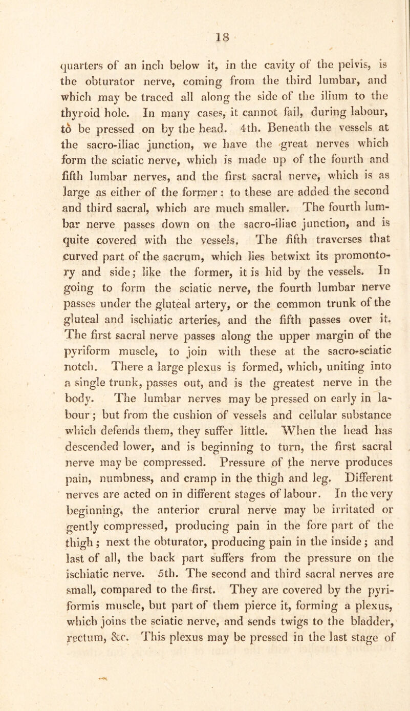 quarters of an inch below it, in the cavity of the pelvis, is the obturator nerve, coming from the third lumbar, and which may be traced all along the side of the ilium to the thyroid hole. In many cases, it cannot fail, during labour, to be pressed on by the head. 4th. Beneath the vessels at the sacro-iliac junction, we have the «great nerves which form the sciatic nerve, which is made up of the fourth and fifth lumbar nerves, and the first sacral nerve, which is as large as either of the former: to these are added the second and third sacral, which are much smaller. The fourth lum- bar nerve passes down on the sacro-iliac junction, and is quite covered with the vessels. The fifth traverses that curved part of the sacrum, which lies betwixt its promonto- ry and side; like the former, it is hid by the vessels. In going to form the sciatic nerve, the fourth lumbar nerve passes under the gluteal artery, or the common trunk of the gluteal and ischiatic arteries, and the fifth passes over it. The first sacral nerve passes along the upper margin of the pyriform muscle, to join with these at the sacro-sciatic notch. There a large plexus i$ formed, which, uniting into a single trunk, passes out, and is the greatest nerve in the body. The lumbar nerves may be pressed on early in la- bour ; but from the cushion of vessels and cellular substance which defends them, they suffer little. When the head has descended lower, and is beginning to turn, the first sacral nerve may be compressed. Pressure of the nerve produces pain, numbness, and cramp in the thigh and leg. Different nerves are acted on in different stages of labour. In the very beginning, the anterior crural nerve may be irritated or gently compressed, producing pain in the fore part of the thigh ; next the obturator, producing pain in the inside ; and last of all, the back part suffers from the pressure on the ischiatic nerve. 5tb. The second and third sacral nerves are small, compared to the first. They are covered by the pyri- formis muscle, but part of them pierce it, forming a plexus, w'hich joins the sciatic nerve, and sends twigs to the bladder, rectum, &c. This plexus may be pressed in the last stage of