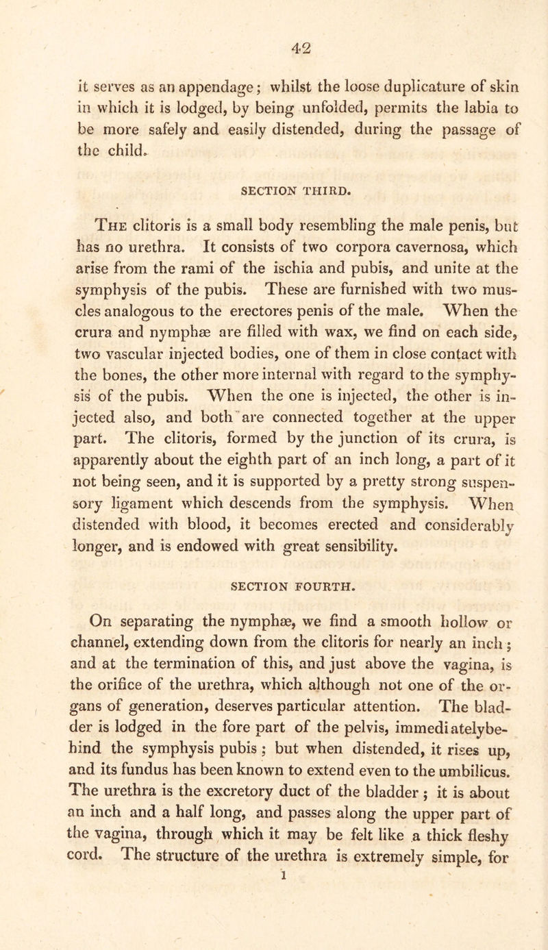 it serves as an appendage; whilst the loose duplicature of skin in which it is lodged, by being unfolded, permits the labia to be more safely and easily distended, during the passage of the child. SECTION THIRD. The clitoris is a small body resembling the male penis, but has no urethra. It consists of two corpora cavernosa, which arise from the rami of the ischia and pubis, and unite at the symphysis of the pubis. These are furnished with two mus- cles analogous to the erectores penis of the male. When the crura and nymphae are filled with wax, we find on each side, two vascular injected bodies, one of them in close contact with the bones, the other more internal with regard to the symphy- sis of the pubis. When the one is injected, the other is in- jected also, and both are connected together at the upper part. The clitoris, formed by the junction of its crura, is apparently about the eighth part of an inch long, a part of it not being seen, and it is supported by a pretty strong suspen- sory ligament which descends from the symphysis. When distended with blood, it becomes erected and considerably longer, and is endowed with great sensibility. SECTION FOURTH. On separating the nymphae, we find a smooth hollow or channel, extending down from the clitoris for nearly an incli; and at the termination of this, and just above the vagina, is the orifice of the urethra, which although not one of the or- gans of generation, deserves particular attention. The blad- der is lodged in the fore part of the pelvis, immediatelybe- hind the symphysis pubis; but when distended, it rises up, and its fundus has been known to extend even to the umbilicus. The urethra is the excretory duct of the bladder; it is about an inch and a half long, and passes along the upper part of the vagina, through which it may be felt like a thick fleshy cord. The structure of the urethra is extremely simple, for 1