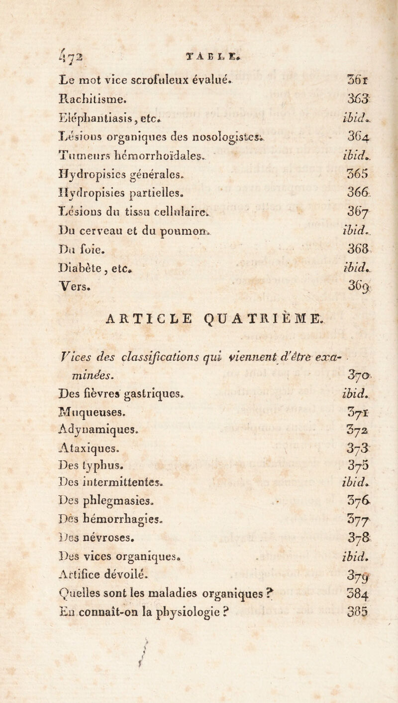 Le mot vice scrofuleux évalué. 36 r Rachitisme. 363: Eléphantiasis, etc. ibicL. Lésions organiques des nosologiste Si 3 64 Tumeurs hcraorrhoïdaies. ibid.. Hydropisies générales. 365 Hydropisies partielles. 366 Lésions du tissu cellulaire», 3 67 Du cerveau et du poumon. ibid». Du foie. 368, Diabète, etc» ibid. Vers. 3% ARTICLE QUATRIÈME. Vices des classifications qui viennent d’être ex a- minées. 3jo Des fièvres gastriques. ibid. Muqueuses. 37I Âdynamiques. 3 72 Ataxiques. 373 Des typhus. 375 Des intermittentes. ibid. Des phîegmasies. 3 Des hémorrhagies. 377 Des névroses. j Des vices organiques. ibid. Artifice dévoilé. Quelles sont les maladies organiques ? 584 En connaît-on la physiologie ? 385 I 1 î