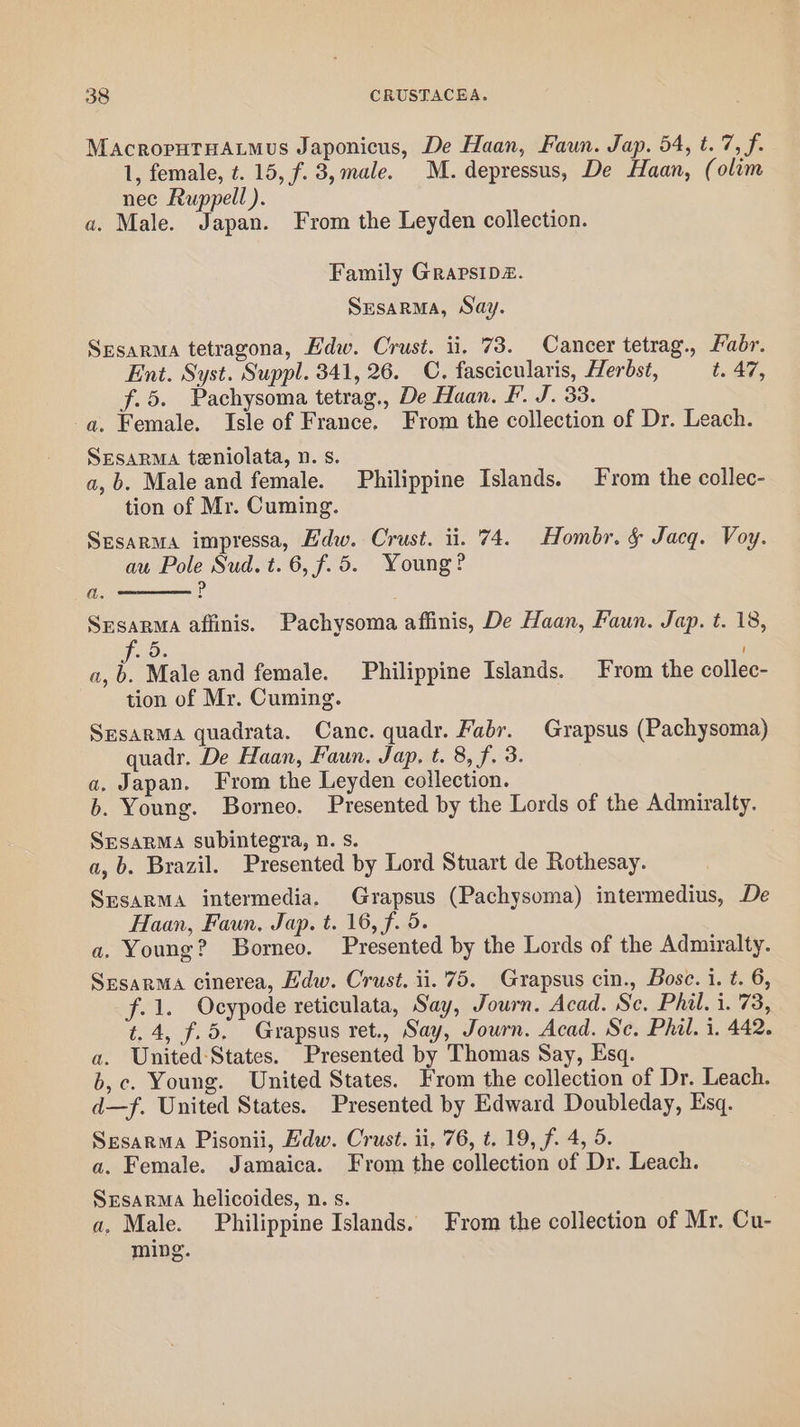 MAcropHtHALmus Japonicus, De Haan, Faun. Jap. 54, t. 7, f. 1, female, ¢. 15, f. 3, male. M. depressus, De Haan, (olim nec Ruppell ). a. Male. Japan. From the Leyden collection. Family GrapsiDz. Sesarma, Say. Srsarma tetragona, Edw. Crust. ii. 73. Cancer tetrag., Madr. Ent. Syst. Suppl. 341, 26. C. fascicularis, Herbst, t. 47, f.5. Pachysoma tetrag., De Haan. Ff. J. 33. a. Female. Isle of France. From the collection of Dr. Leach. SEsARMA teniolata, nD. s. a,b. Male and female. Philippine Islands. From the collec- tion of Mr. Cuming. Sesarma impressa, Hdw. Crust. ii. 74. Hombr. § Jacq. Voy. au Pole Sud. t. 6, f.5. Young? a. P Srsarma affinis. Pachysoma affinis, De Haan, Faun. Jap. t. 18, F.0. a,b. Male and female. Philippine Islands. From the collec- tion of Mr. Cuming. SesarMa quadrata. Canc. quadr. Fabr. Grapsus (Pachysoma) quadr. De Haan, Faun, Jap. t. 8, f. 3. a, Japan. From the Leyden collection. b. Young. Borneo. Presented by the Lords of the Admiralty. SESARMA subintegra, n. s. a, b. Brazil. Presented by Lord Stuart de Rothesay. Sresarma intermedia. Grapsus (Pachysoma) intermedius, De Haan, Faun, Jap. t. 16, f. 5. a. Young? Borneo. Presented by the Lords of the Admiralty. Sresarma cinerea, Hdw. Crust. ii.75. Grapsus cin., Bosc. i. t. 6, f.1. Ocypode reticulata, Say, Journ. Acad. Sc. Phil. i. 73, t.4, f.5. Grapsus ret., Say, Journ. Acad. Se. Phil. i. 442. a. United States. Presented by Thomas Say, Esq. b,c. Young. United States. From the collection of Dr. Leach. d—f. United States. Presented by Edward Doubleday, Esq. Sesarma Pisonii, Edw. Crust. ii, 76, t. 19, f. 4, 5. a. Female. Jamaica. From the collection of Dr. Leach. Sesarma helicoides, n. s. a, Male. Philippine Islands. From the collection of Mr. Cu- ming.