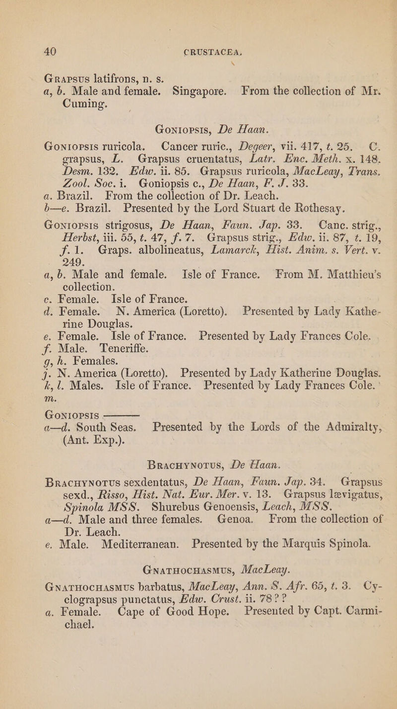 \ Grapsus latifrons, n. s. a, 6. Male and female. Singapore. From the collection of Mr. Cuming. Gontopsis, De Haan. Gontopsis ruricola. Cancer ruric., Degeer, vii. 417, t. 25. C. grapsus, L. Grapsus cruentatus, Latr. Enc. Meth. x. 148. Desm. 132. Edw. ii. 85. Grapsus ruricola, MacLeay, Trans. Zool. Soc.i. Goniopsis c., De Haan, F. J. 33. a. Brazil. From the collection of Dr. Leach. b—e. Brazil. Presented by the Lord Stuart de Rothesay. Goniopsis strigosus, De Haan, Faun. Jap. 33. Cane. strig., Herbst, iii. 55, t. 47, f.'7. Grapsus strig., dw. ii. 87, ¢. 19, f.1. Gyraps. albolineatus, Lamarck, Hist. Anim. s. Vert. v. 249. a,b. Male and female. Isle of France. From M. Matthieu’s collection. c. Female. Isle of France. . d. Female. N. America (Loretto). Presented by Lady Kathe- rine Douglas. e. Female. Isle of France. Presented by Lady Frances Cole. f. Male. Teneriffe. g, h. Females. 4. N. America (Loretto). Presented by Lady Katherine Douglas. k,l. Males. Isle of France. Presented by Lady Frances Cole. ' m. GoNIopsis. a—d. South Seas. Presented by the Lords of the Admiralty, (Ant. Exp.). | Bracuynotus, De Haan. BracuyNnotus sexdentatus, De Haan, Faun. Jap. 34. Grapsus sexd., Risso, Hist. Nat. Hur. Mer.v. 13. Grapsus levigatus, Spinola MSS. Shurebus Genoensis, Leach, MSS. a—d. Male and three females. Genoa. From the collection of Dr. Leach. e. Male. Mediterranean. Presented by the Marquis Spinola. GnatHocuasmus, MacLeay. GNnaTHocHasmMvs barbatus, MacLeay, Ann. S. Afr. 65, t. 3. Cy- clograpsus punctatus, Edw. Crust. ii. 78? ? a. Female. Cape of Good Hope. Presented by Capt. Carmi- chael.