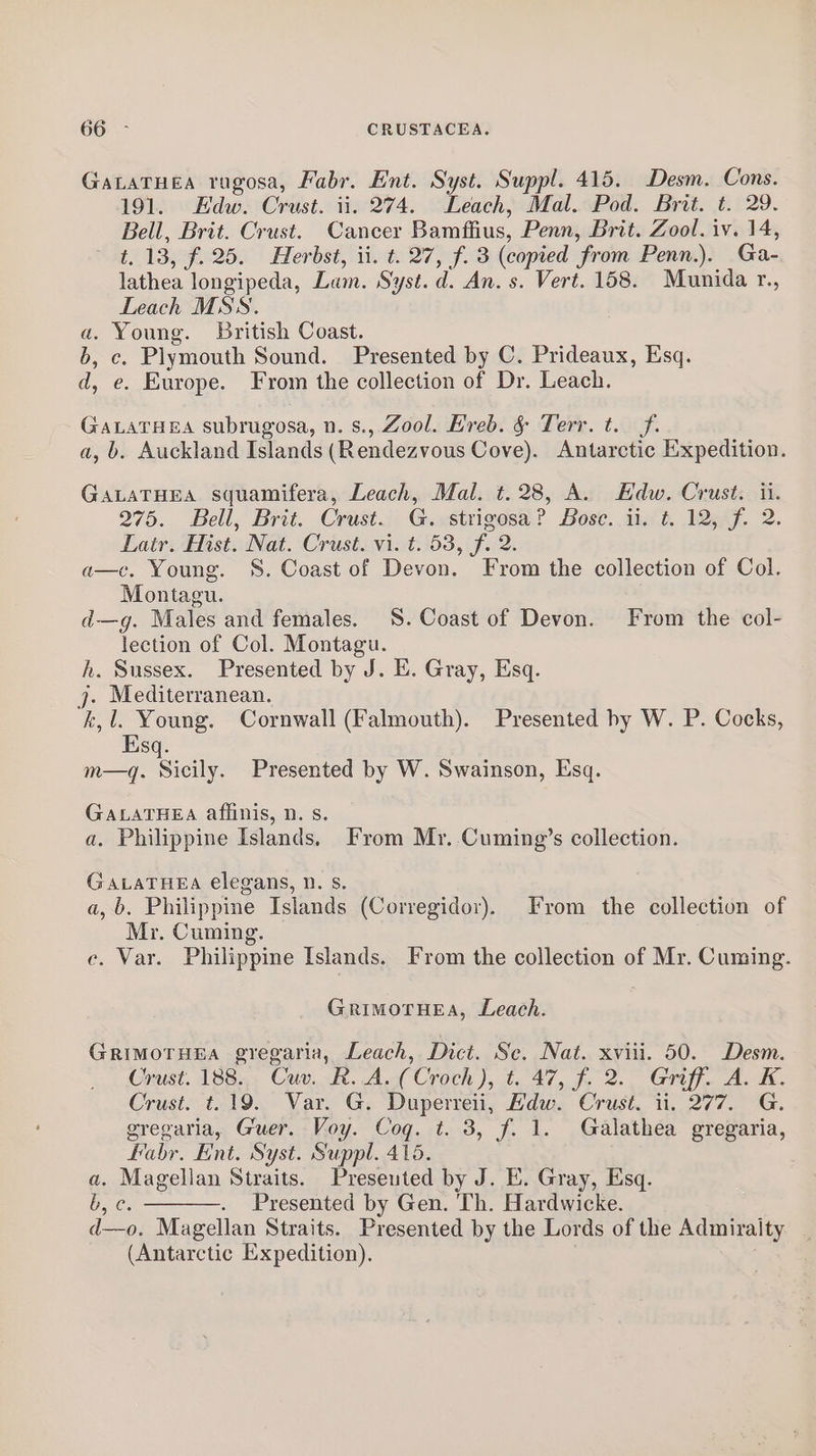 GaLaTHEA ragosa, Fabr. Ent. Syst. Suppl. 415. Desm. Cons. 191. Edw. Crust. ii. 274. Leach, Mal. Pod. Brit. t. 29. Bell, Brit. Crust. Cancer Bamffius, Penn, Brit. Zool. iv. 14, t. 13, f. 25. Herbst, ii. t. 27, f. 3 (copied from Penn.). Ga- lathea longipeda, Lam. Syst. d. An. s. Vert. 158. Munida r., Leach MSS. a. Young. British Coast. b, c. Plymouth Sound. Presented by C. Prideaux, Esq. d, e. Europe. From the collection of Dr. Leach. GALATHEA subrugosa, n. s., Zool. Hreb. &amp; Terr. t. ff. a, b. Auckland Islands (Rendezvous Cove). Antarctic Expedition. GaALATHEA squamifera, Leach, Mal. t.28, A. Hdw. Crust. ii. 275. Bell, Brit. Crust. G. strigosa? Bosc. ii. t. 12, f. 2. Latr. Hist. Nat. Crust. vi. t. 53, f. 2. a—c. Young. S. Coast of Devon. From the collection of Col. Montagu. d—g. Males and females. 8. Coast of Devon. From the col- lection of Col. Montagu. h. Sussex. Presented by J. E. Gray, Esq. 7. Mediterranean. k,l. Young. Cornwall (Falmouth). Presented by W. P. Cocks, KE sq. m—q. Sicily. Presented by W. Swainson, Esq. GALATHEA affinis, n. s. a. Philippine Islands, From Myr..Cuming’s collection. GALATHEA elegans, 0. Ss. a, 6. Philippine Islands (Corregidor). From the collection of Mr. Cuming. ce. Var. Philippine Islands. From the collection of Mr. Cuming. GrimotTHEa, Leach. GrimotTuHna gregaria, Leach, Dict. Sc. Nat. xviii. 50. Desm. Crust. 188... Cuv. R.A. (Croch), t. 47, f. 2.. Griff. A. K. Crust. t. 19. Var. G. Duperreii, Hdw. Crust. ii. 277. G. gregaria, Guer. Voy. Cog. t. 3, f. 1. Galathea gregaria, fabr. Ent. Syst. Suppl. 416. a. Magellan Straits. Preseuted by J. E. Gray, Esq. OG. Presented by Gen. Th. Hardwicke. d—o. Magellan Straits. Presented by the Lords of the Admiralty (Antarctic Expedition).